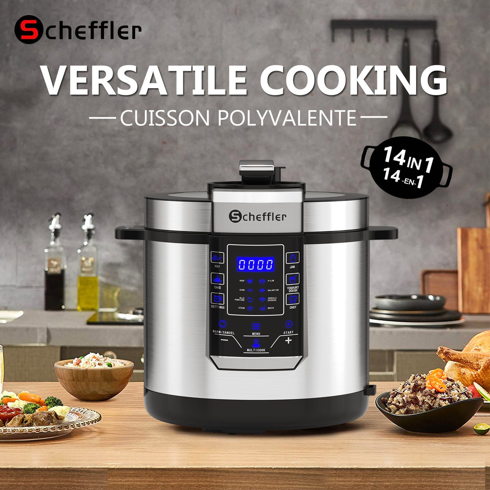 Scheffler Multikocher 6L Elektrischer Reiskocher Schnellkochtopf, 14 Automatische-Programme, 1000,00 W, 6,00 l Schüssel, Schongarer, Wokpfanne, Joghurtbereite & Mehr, Edelstahl, Timer