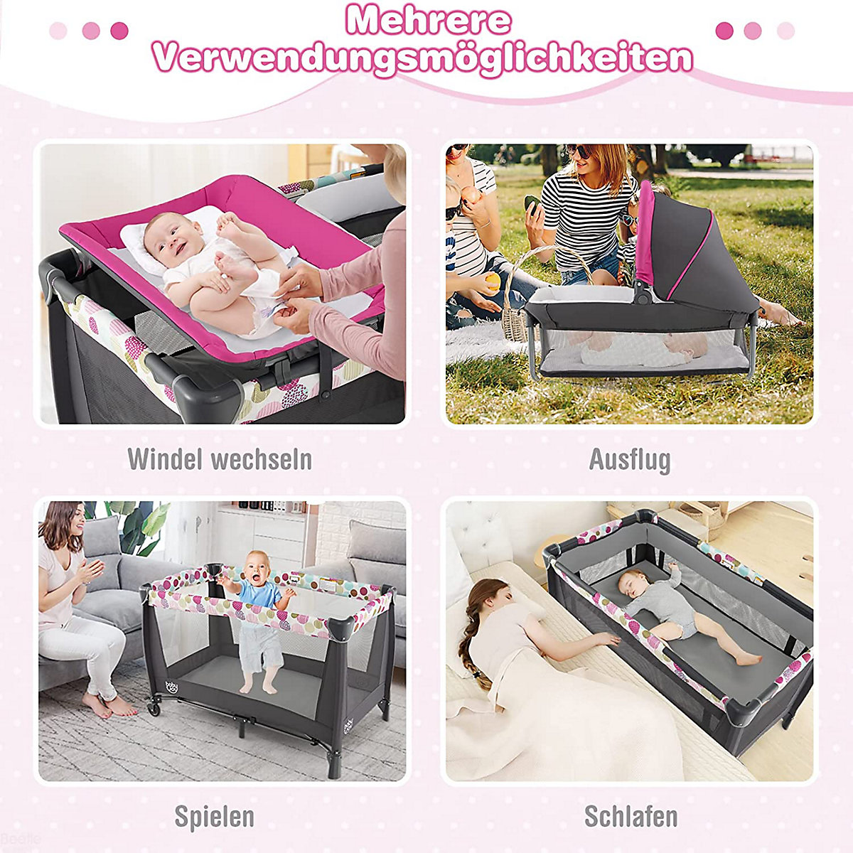 4-in-1 Reisebett mit Matratze & Wiege & Wickeltisch & Musik