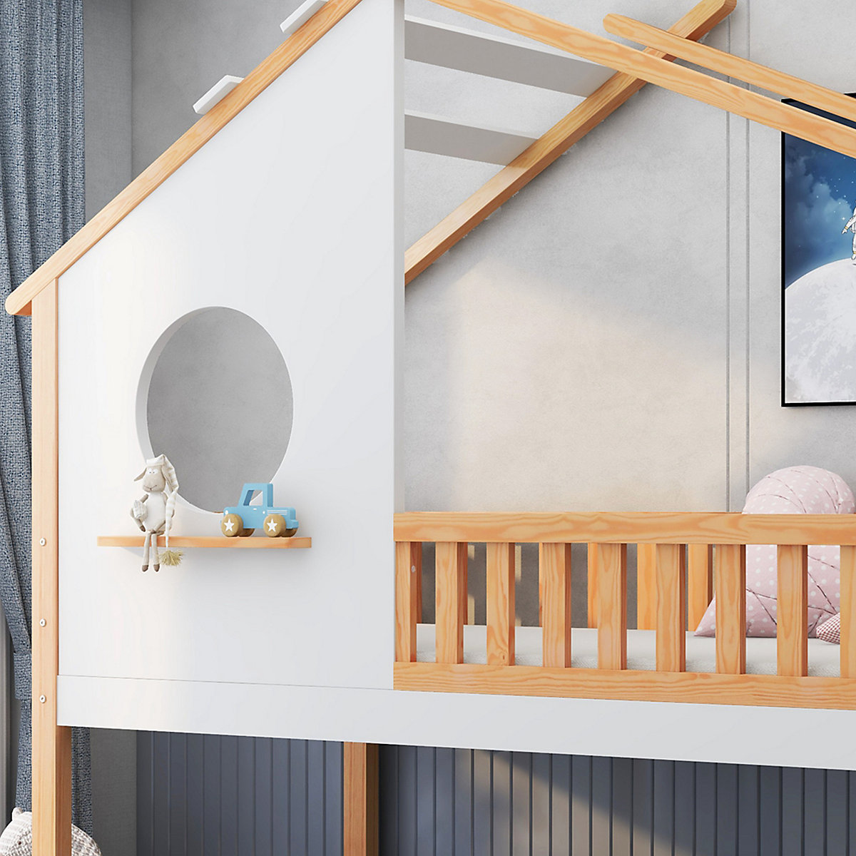 Etagenbett mit rechtwinkliger Leiter, Kinderbett, mit Fallschutz und Barriere, Rahmen aus Kiefernholz