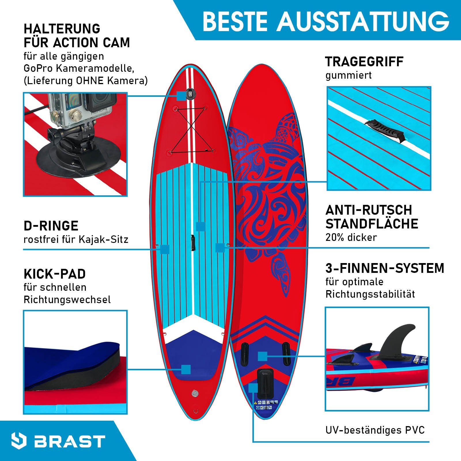BRAST SUP-Board BRAST SUP Board SUPER Set Aufblasbares Stand up Paddle mit extra Zubehör 320x81x15cm Rot incl. Kajaksitz Kamerahalterung Paddel Fußschleife Rucksack Pumpe