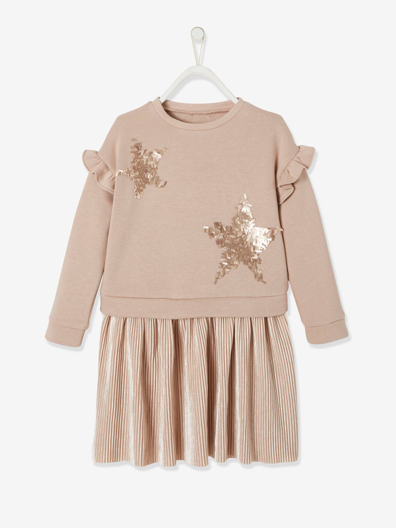 Robe de fête bi-matière fille étoiles en sequins fille rose