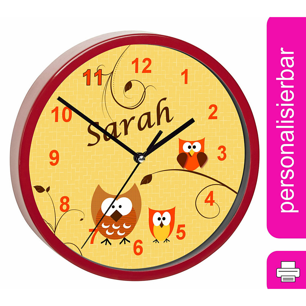 Kinder Wanduhr personalisiert mit Name Eule Orange