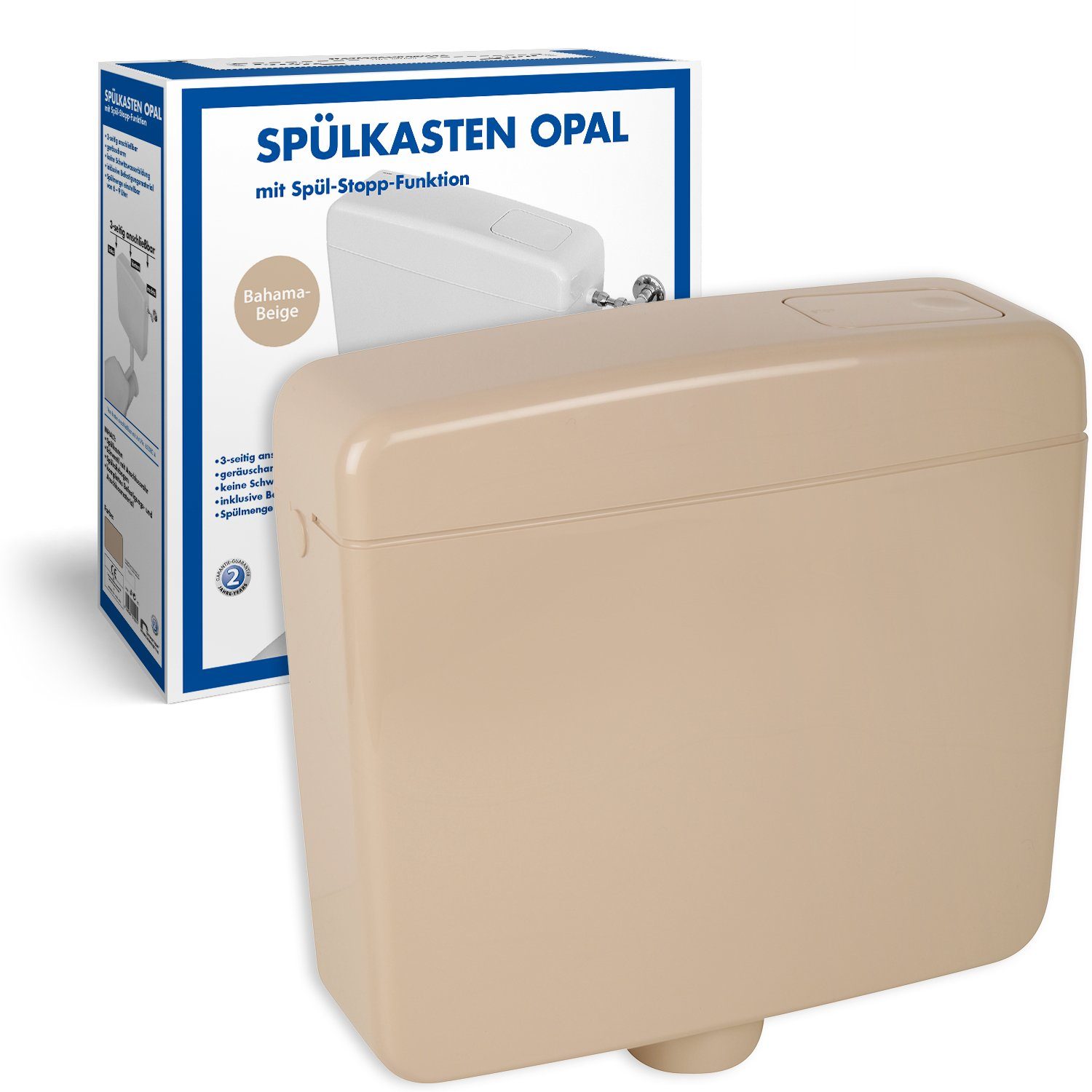 SANITOP WINGENROTH Spülkasten Opal, 9 l, Komplett-Set, Anschluss links oder rechts, Anschlussset hinten separat, Aufputz, Beige-Bahamabeige, Spül-Stopp Taste, Sparspülung, 210225