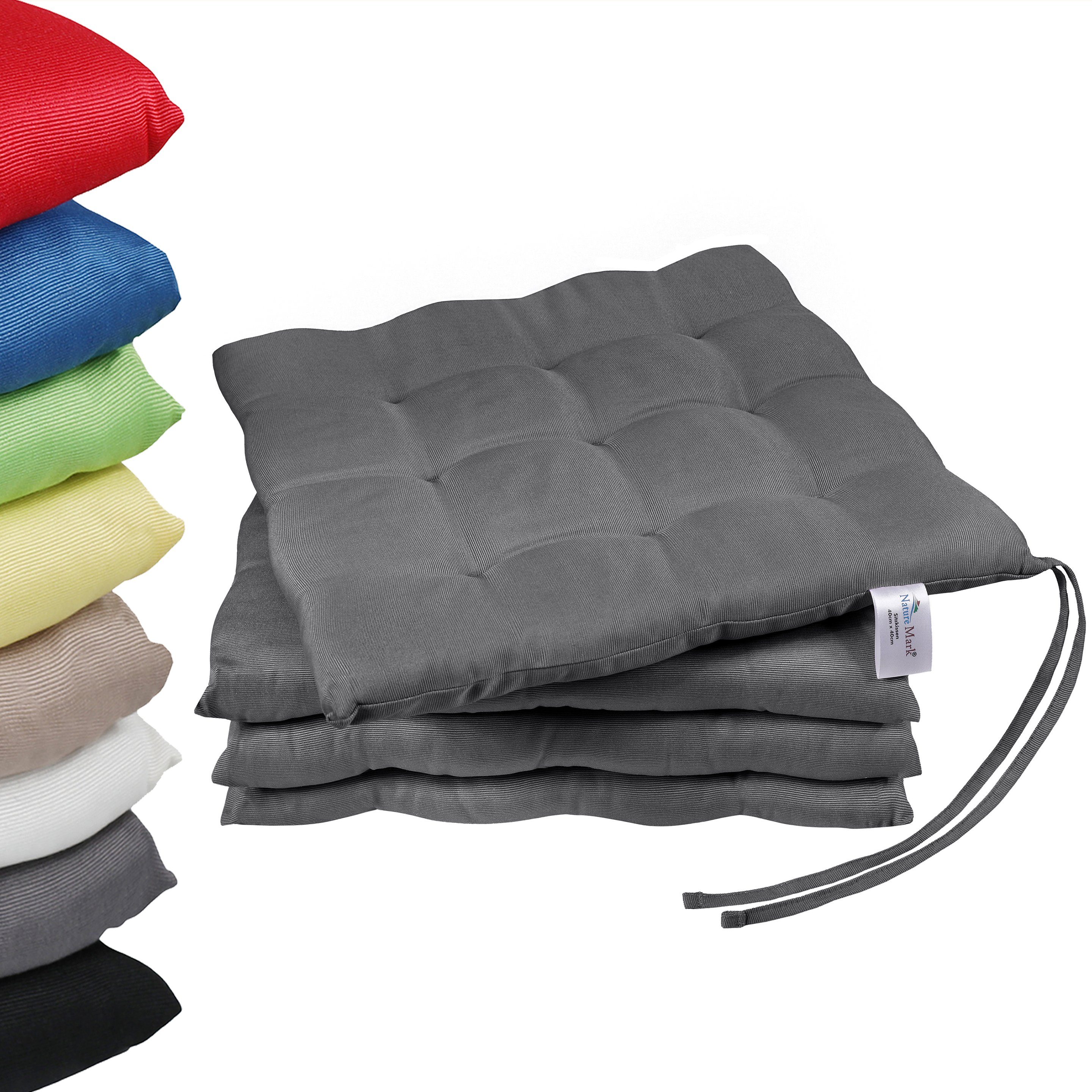 NatureMark Sitzkissen Sitzkissen 40 X 40 CM, 4er Pack Stuhlkissen mit Bändern Gr. 40x40 cm Sitzkissen gefüllt, Anthrazit