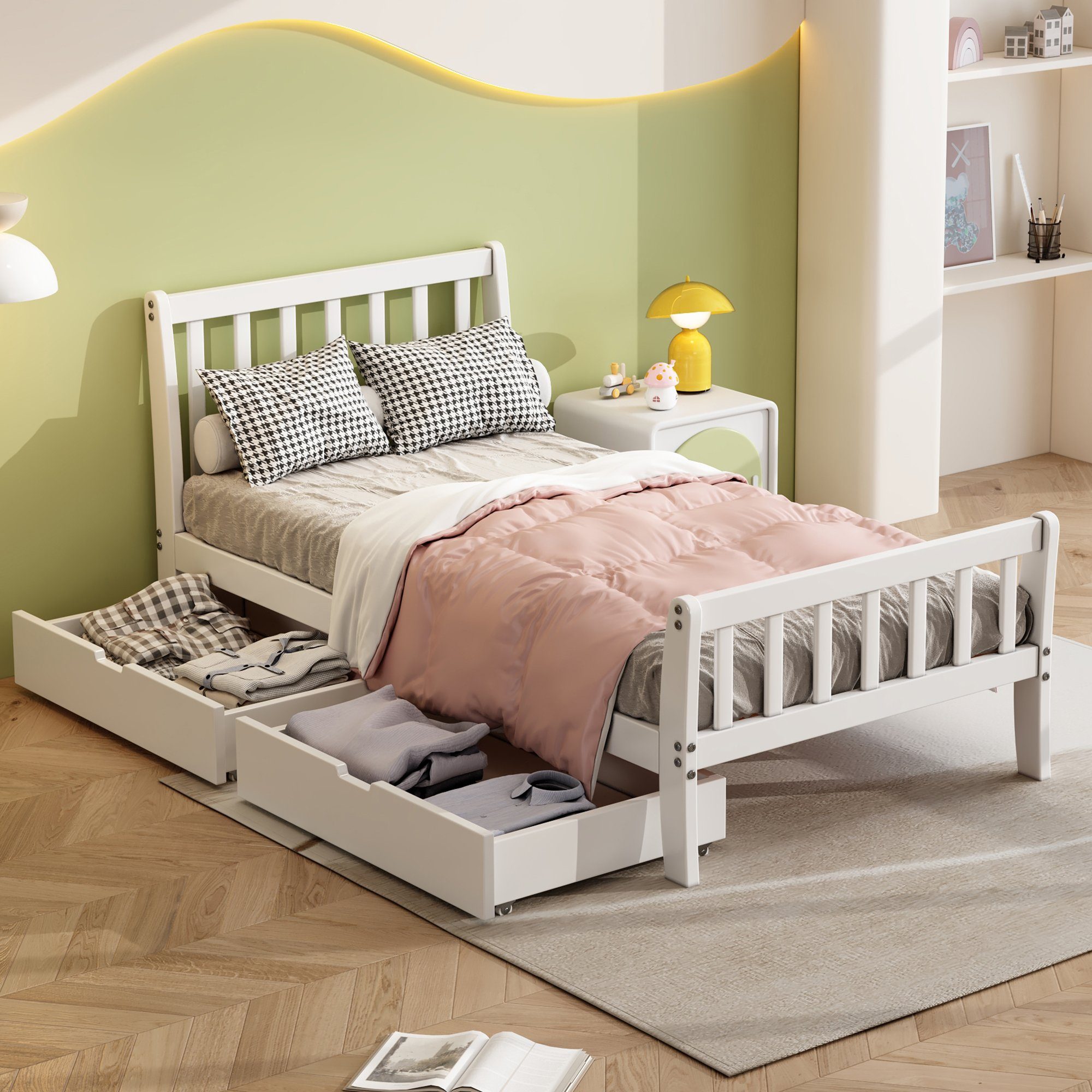 Flieks Holzbett, Massivholzbett Kiefer Einzelbett Kinderbett mit 2 Schubladen 90x200cm