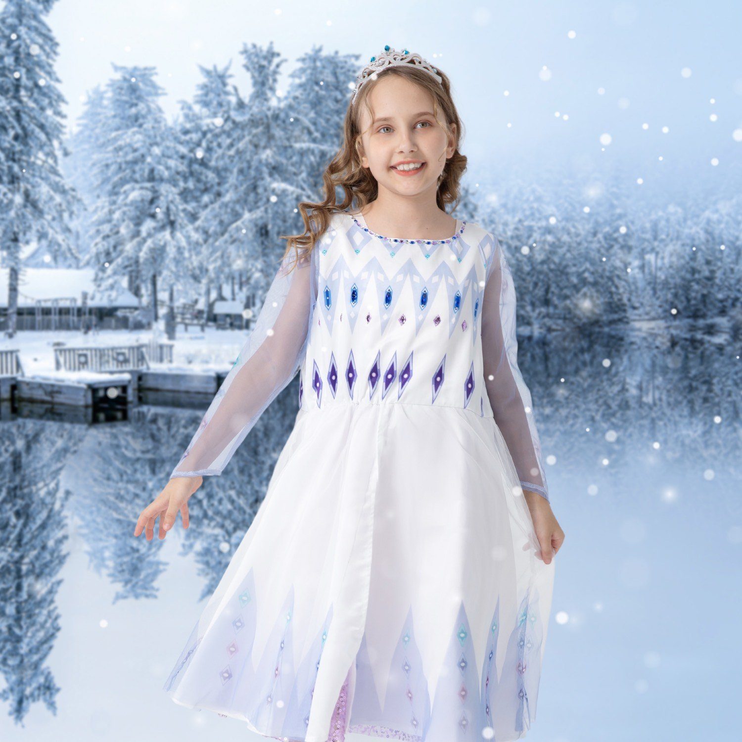 Corimori Prinzessin-Kostüm Prinzessinnen-Kostüm Set für Elsa Fans, Kinder, Mit Eiskönigin Diadem, Tattoo-Bogen für Mädchen, Karneval, Fasching