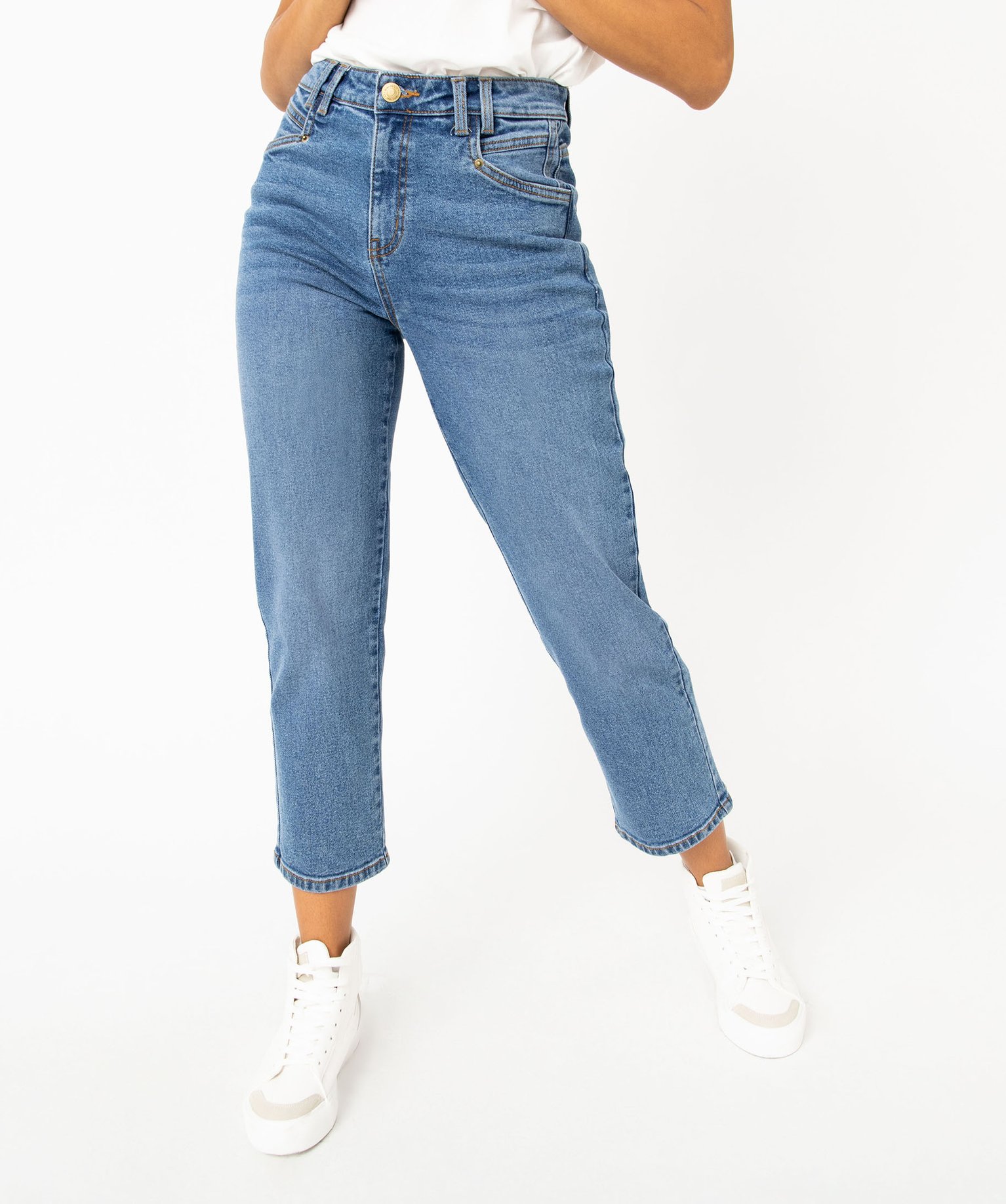 Jean cropped coupe straight taille haute stretch femme stone | GEMO