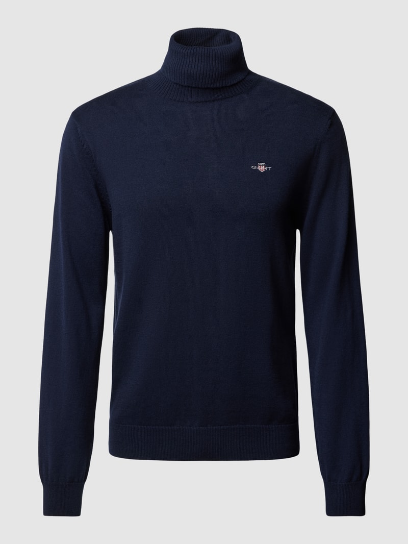 Rollkragenpullover mit Label-Stitching aus Baumwoll-Woll-Mix in marineblau