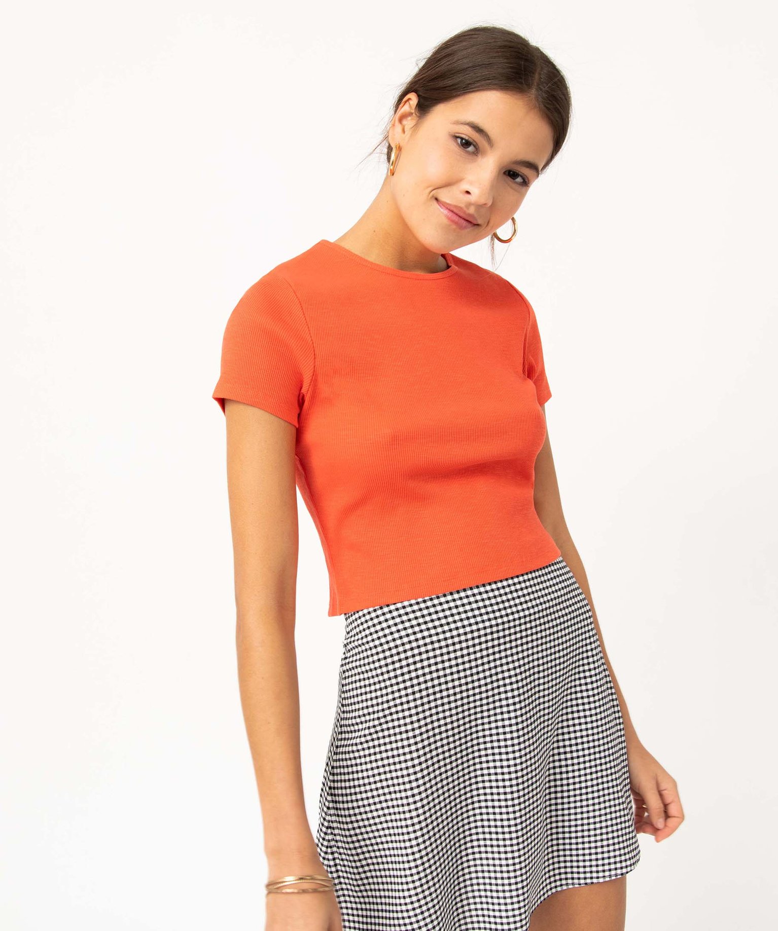 Tee-shirt femme à manches courtes en maille ctelée rouge | GEMO