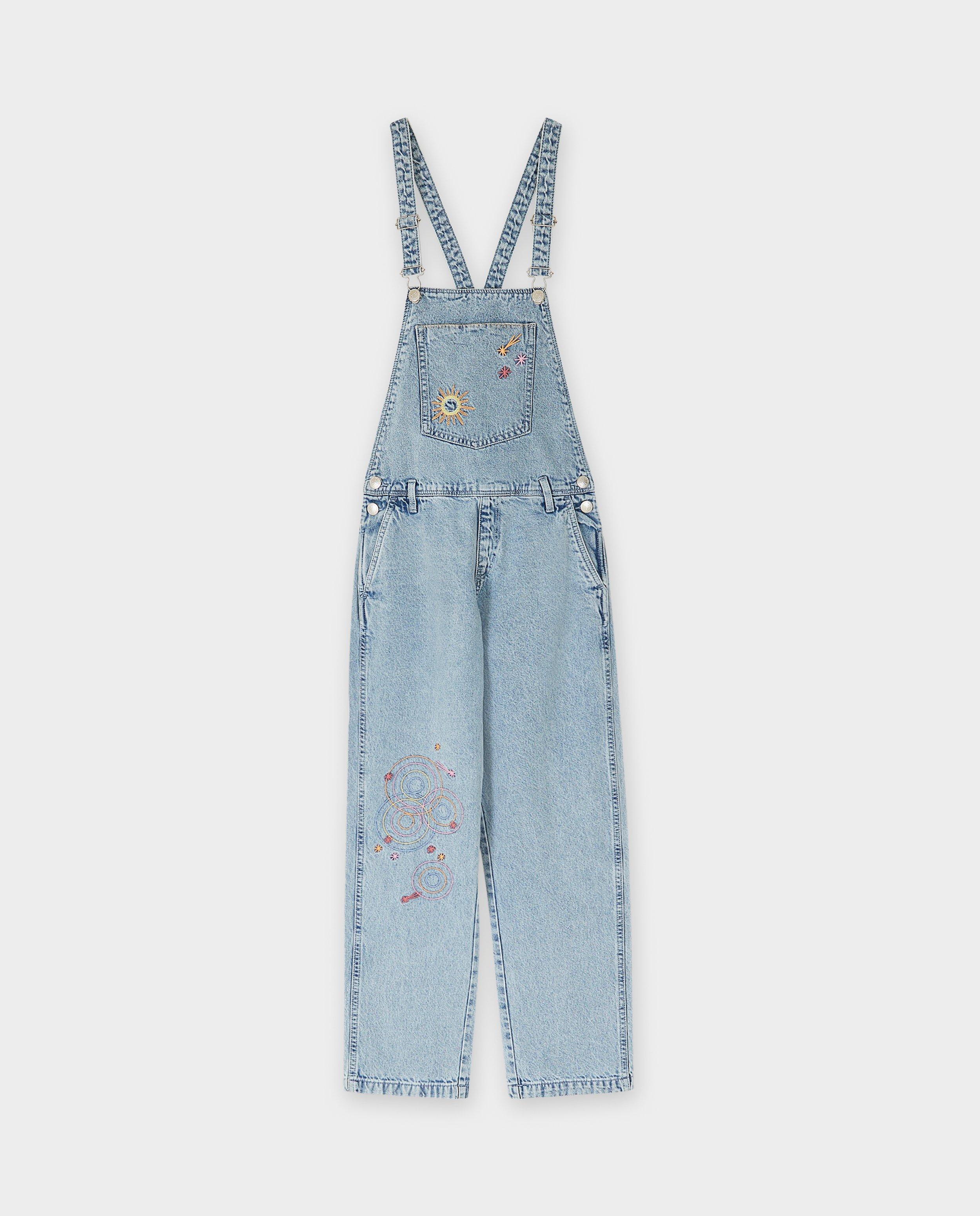 Salopetă Waiko din denim cu figurine brodate, albastră