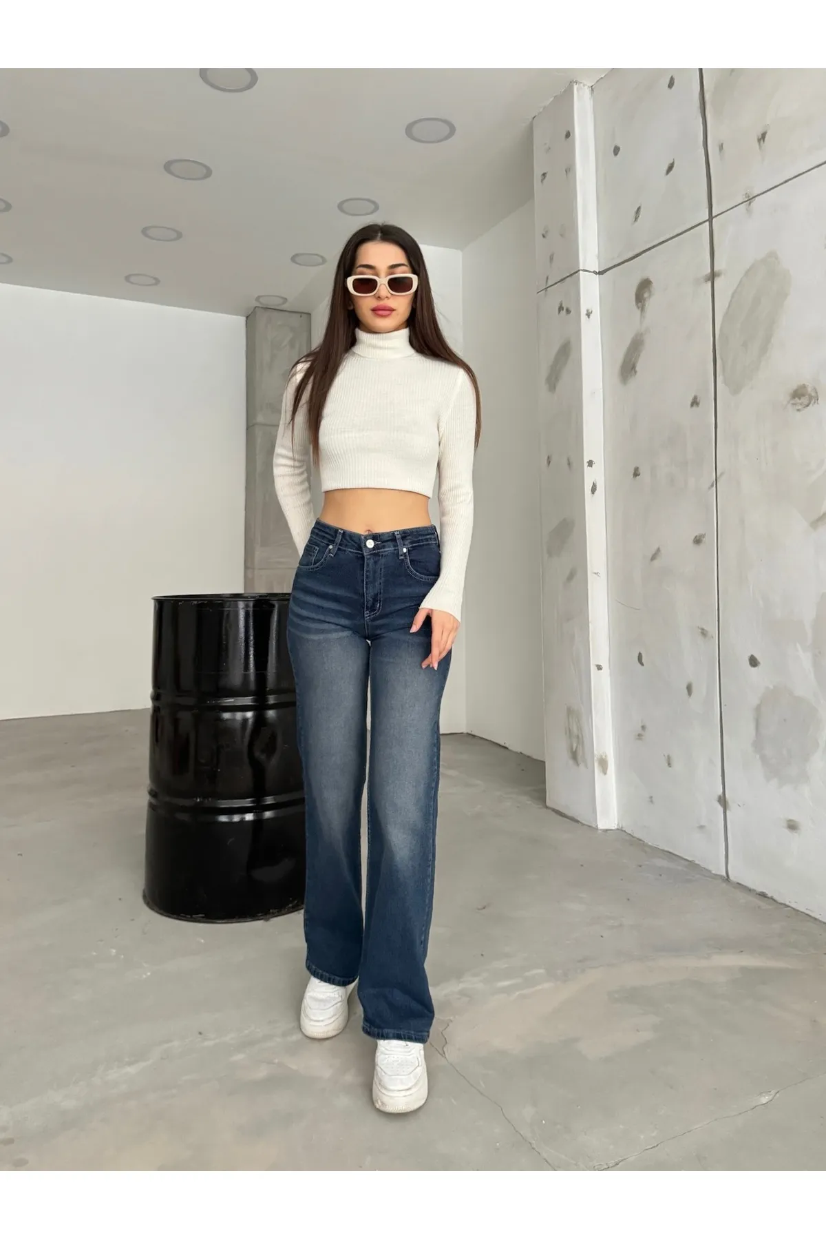 BİKELİFE  Damen Marineblaue, blasse Lycra-Jeans mit hoher Taille und weitem Bein, Salaş Palazzo Jeans