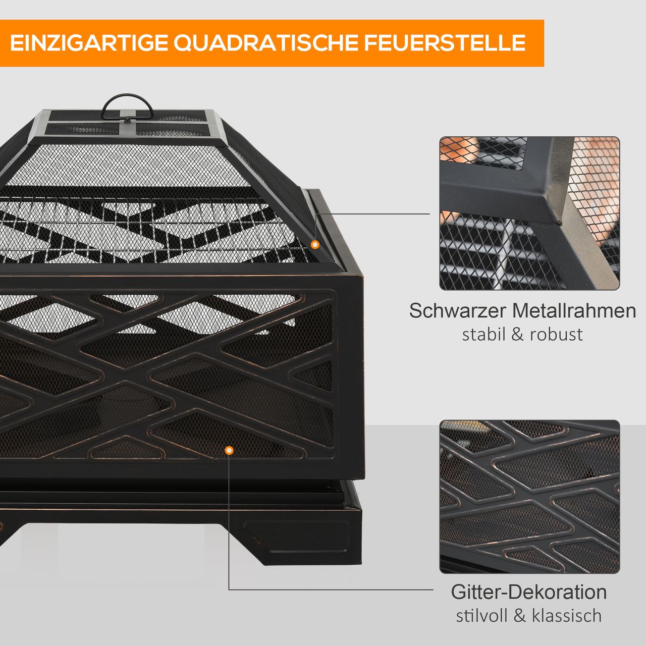 Outsunny Feuerschale mit Funkenschutz Feuerkorb mit Grillrost, Schürhaken Metall