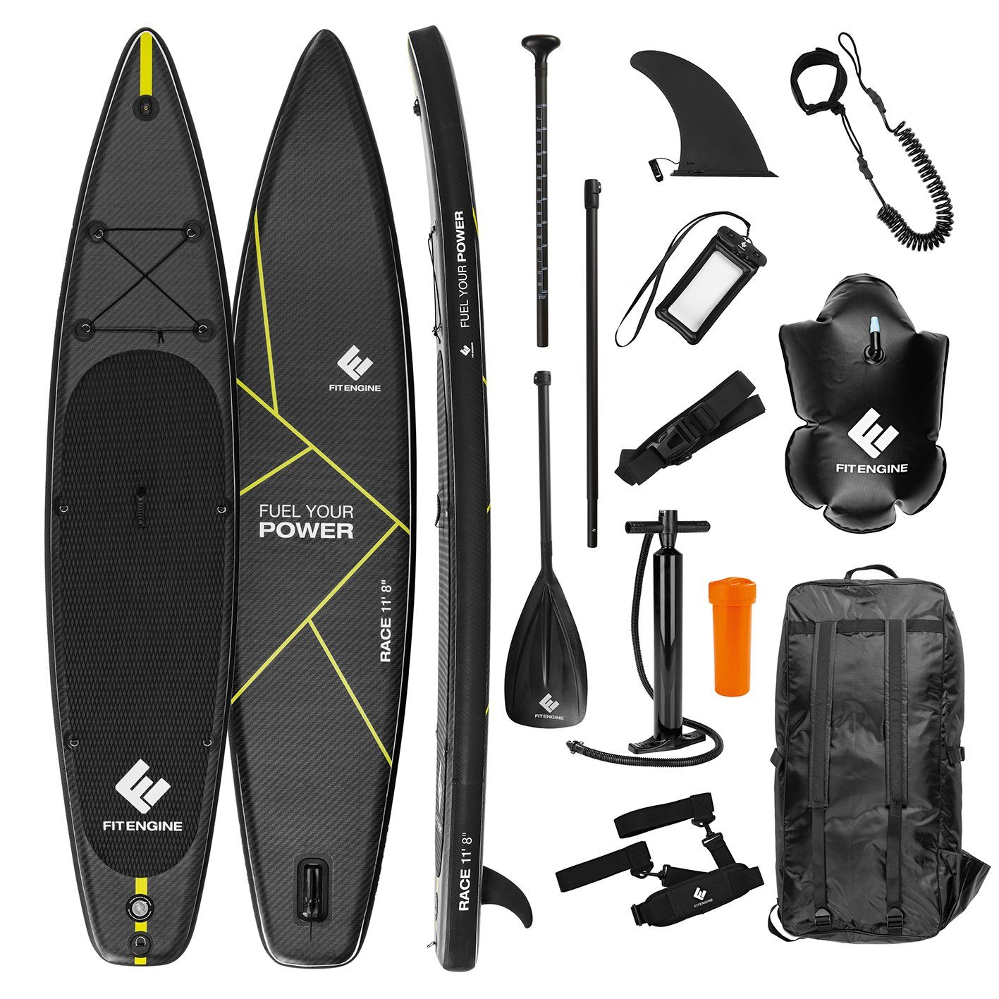 FitEngine Inflatable SUP-Board XXXL Stand up Paddle Board Set Race 11‘8“ 360cm, 170kg Race-Shape erhöhte Stabilität