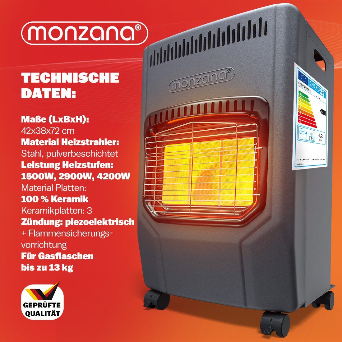 monzana Heizlüfter, Gasheizung 4200W Gasofen 3 Heizstufen 50cm Gasschlauch Heizlüfter