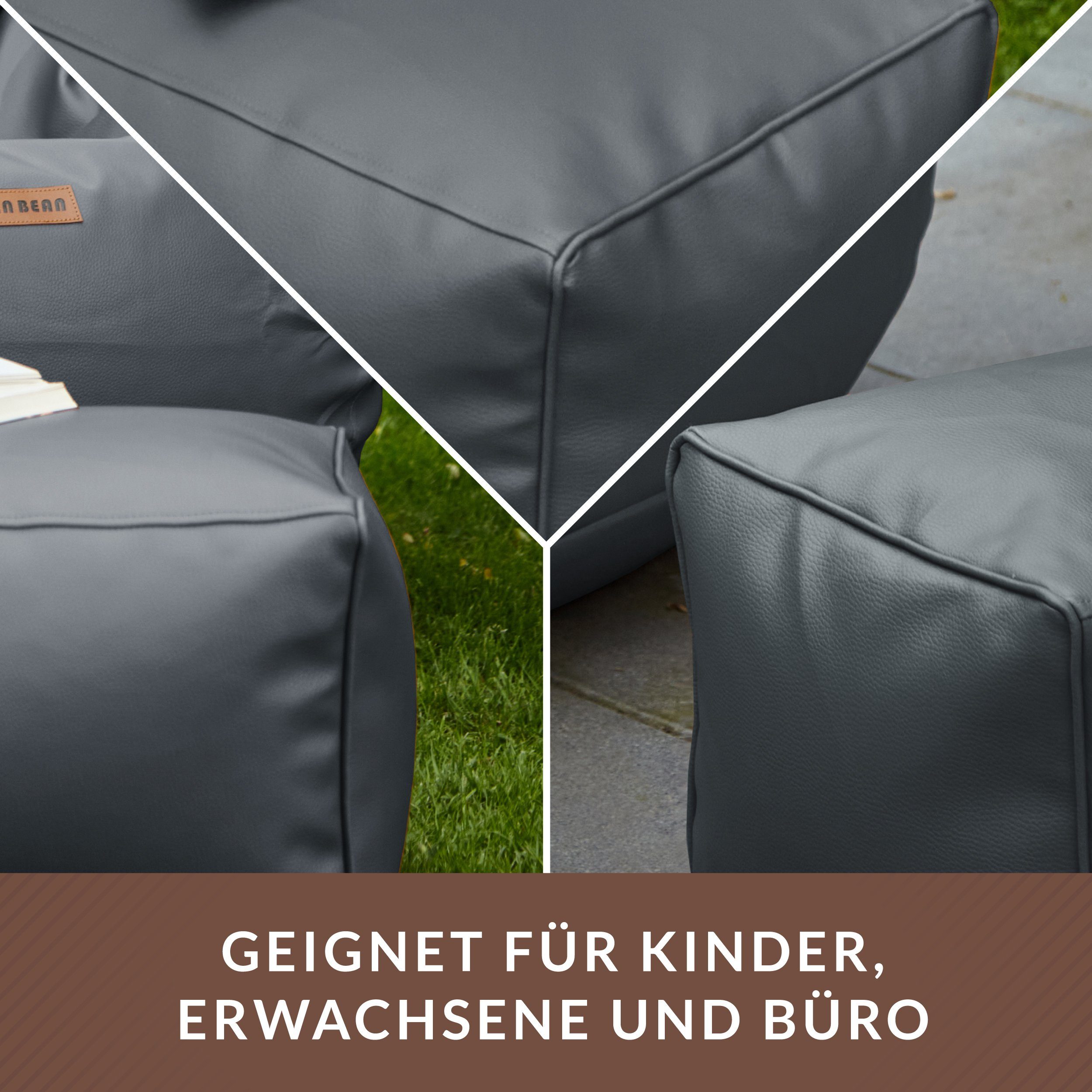 Green Bean Sitzsack Gaming mit Rückenlehne inkl. passenden Pouf (aus Kunstleder, Indoor und Outdoor geeignet), Couch Kissen Riesensitzsack Lounge Chair Hocker Bean Bag Kissen