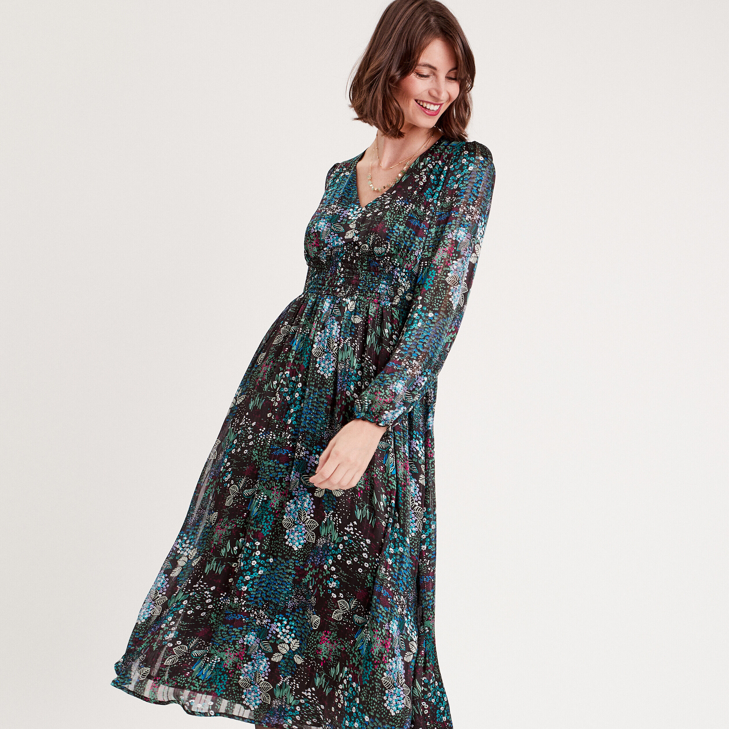 Robe longue évasée plissée noir femme | Cache Cache