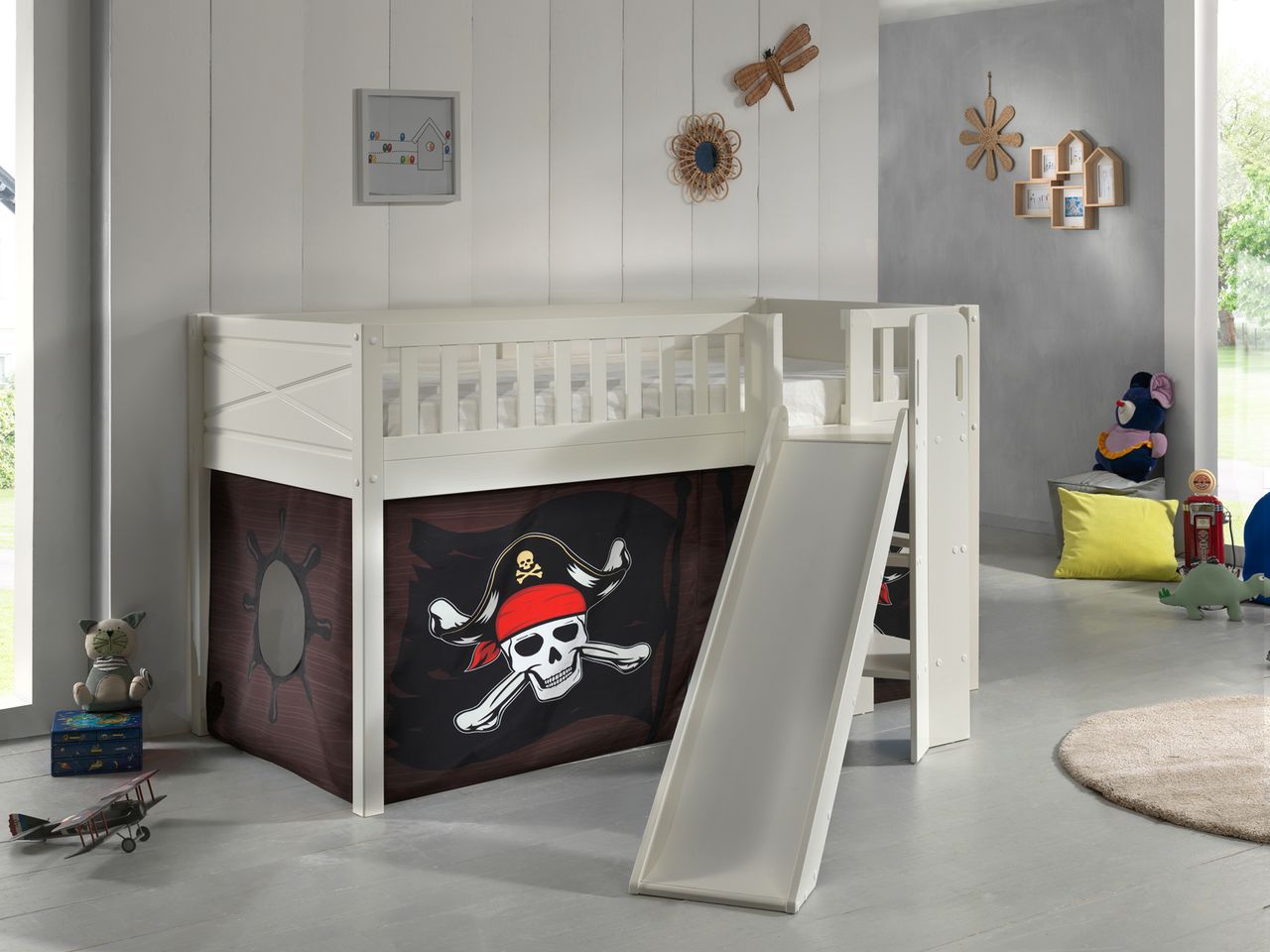 VIPACK Spielbett SCOTT, LF 90 x 200 cm, mit Rolllattenrost, Rutsche, Leiter und Textilset 