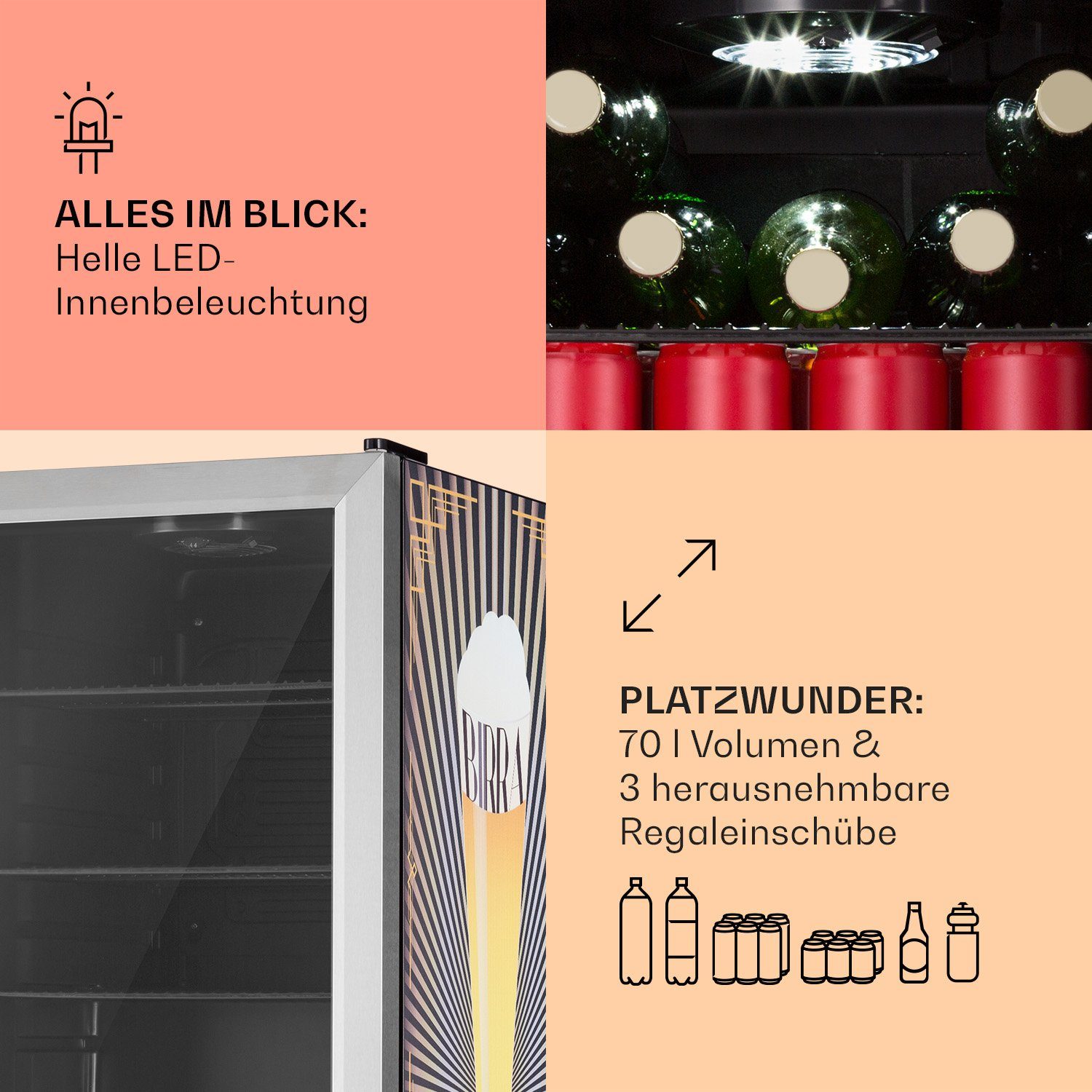 Klarstein Getränkekühlschrank HEA13-Birra -SS 10041177, 67 cm hoch, 43 cm breit, Bierkühlschrank Getränkekühlschrank Flaschenkühlschrank mit Glastür