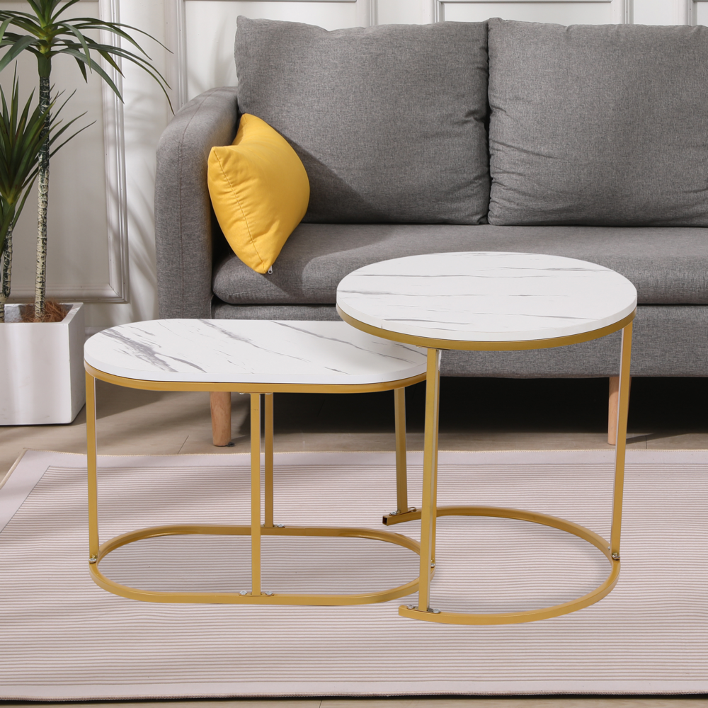 Happy Home Happy Home Satztisch Couchtisch Beistelltisch 2 tlg. HWT52-WEI Marmor Weiß Dekor Gestell Gold