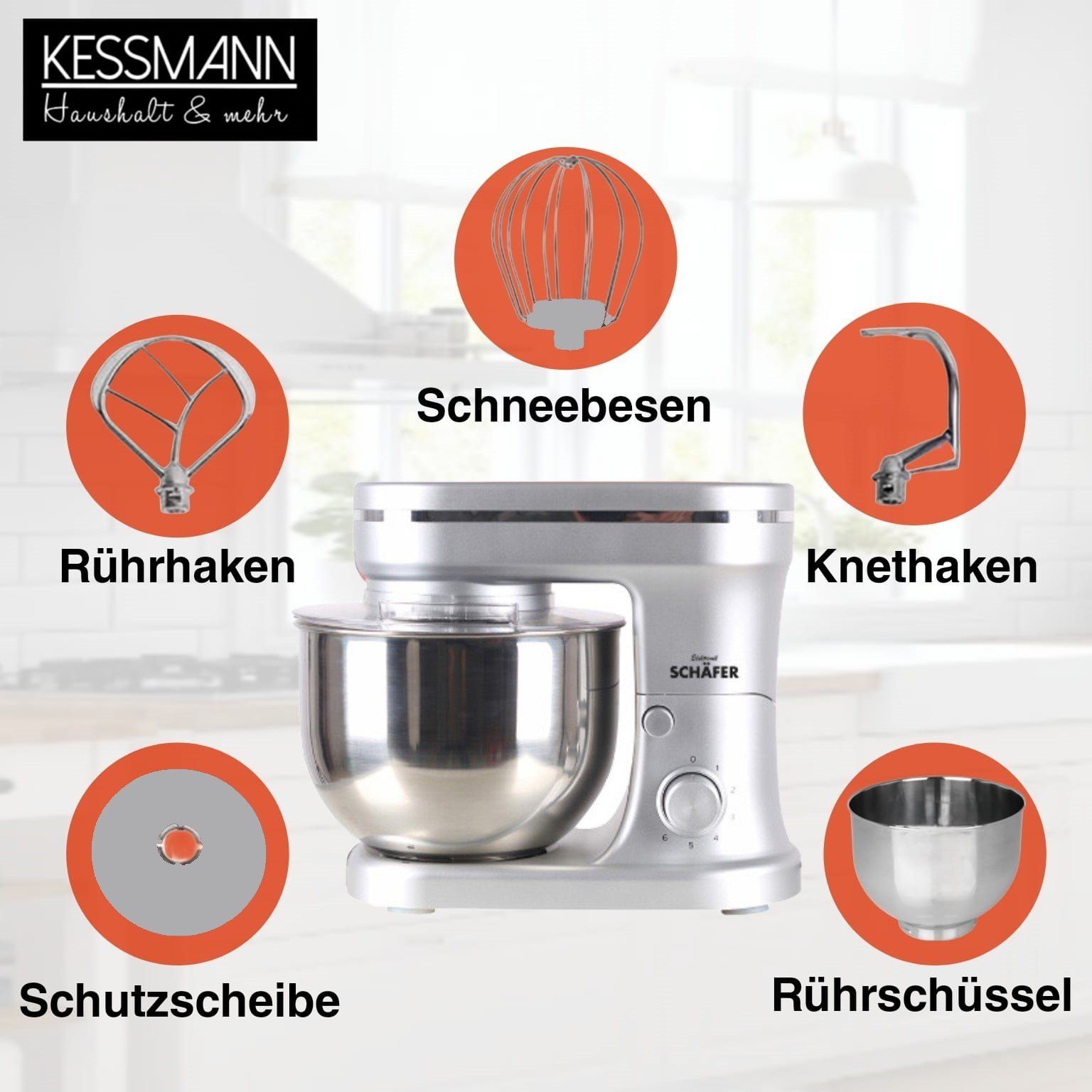 KESSMANN Schäfer Küchenmaschine 6 Stufen Edelstahl Schüssel Knetmaschine Rührgeräte & Mixer Küche, 1200 W, 5,00 l Schüssel, Inkl. 6 Zubehör Maschine für Teig Rührmaschine Knethaken Rührhaken