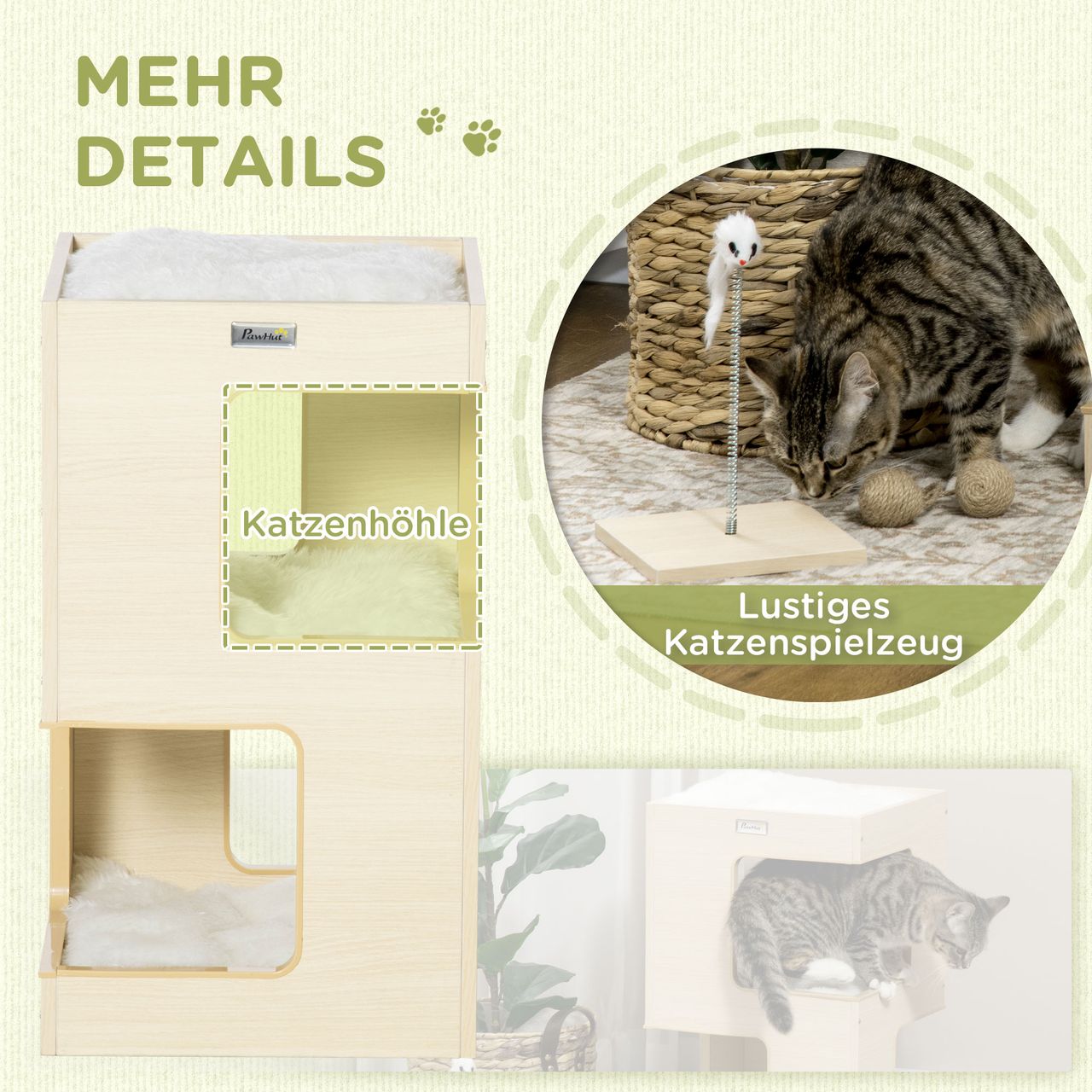 PawHut Katzenhöhle, Katzenhütte, 3-stufiger Katzenschrank mit Kissen, Eiche