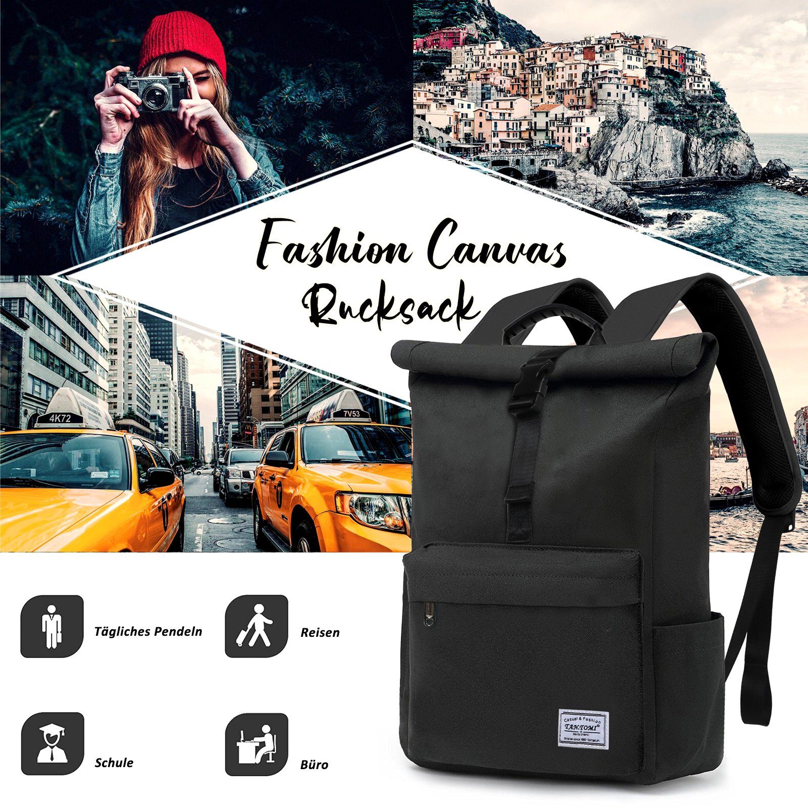 TAN.TOMI Cityrucksack Rucksack Damen Herren Tagesrucksack mit Laptopfach, Modern Rolltop Rucksack Daypack, Wasserdichter