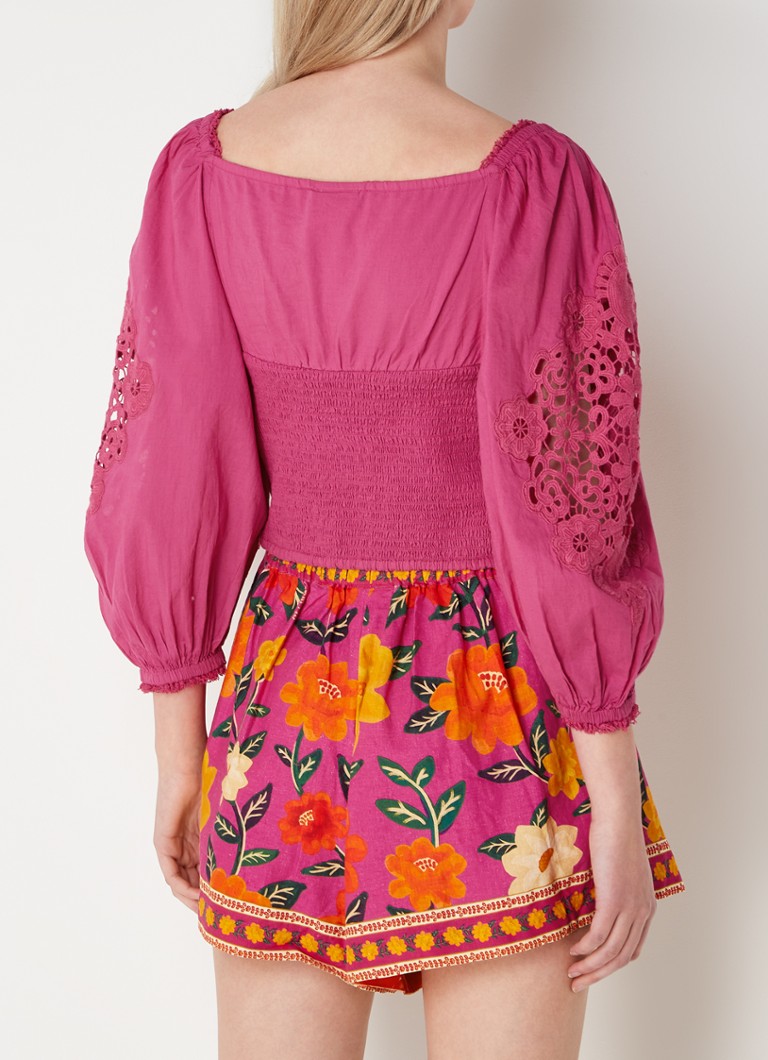 Farm Rio Crop top with embroidery and balloon sleeves