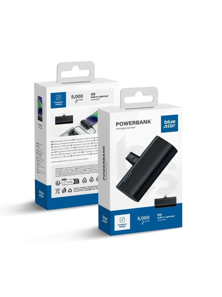 BlueStar Powerbank 5000 mAh mit integriertem iPhone-Anschluss  2.1A in Schwarz in Schwarz günstig kaufen 7 cm