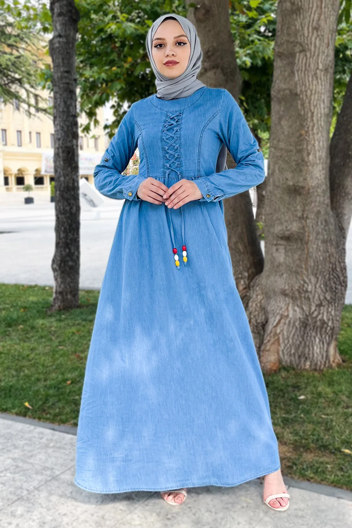 Tesettür Dünyası  Vorne geschnürtes Hijab-Jeanskleid Tsd220833 Hellblau