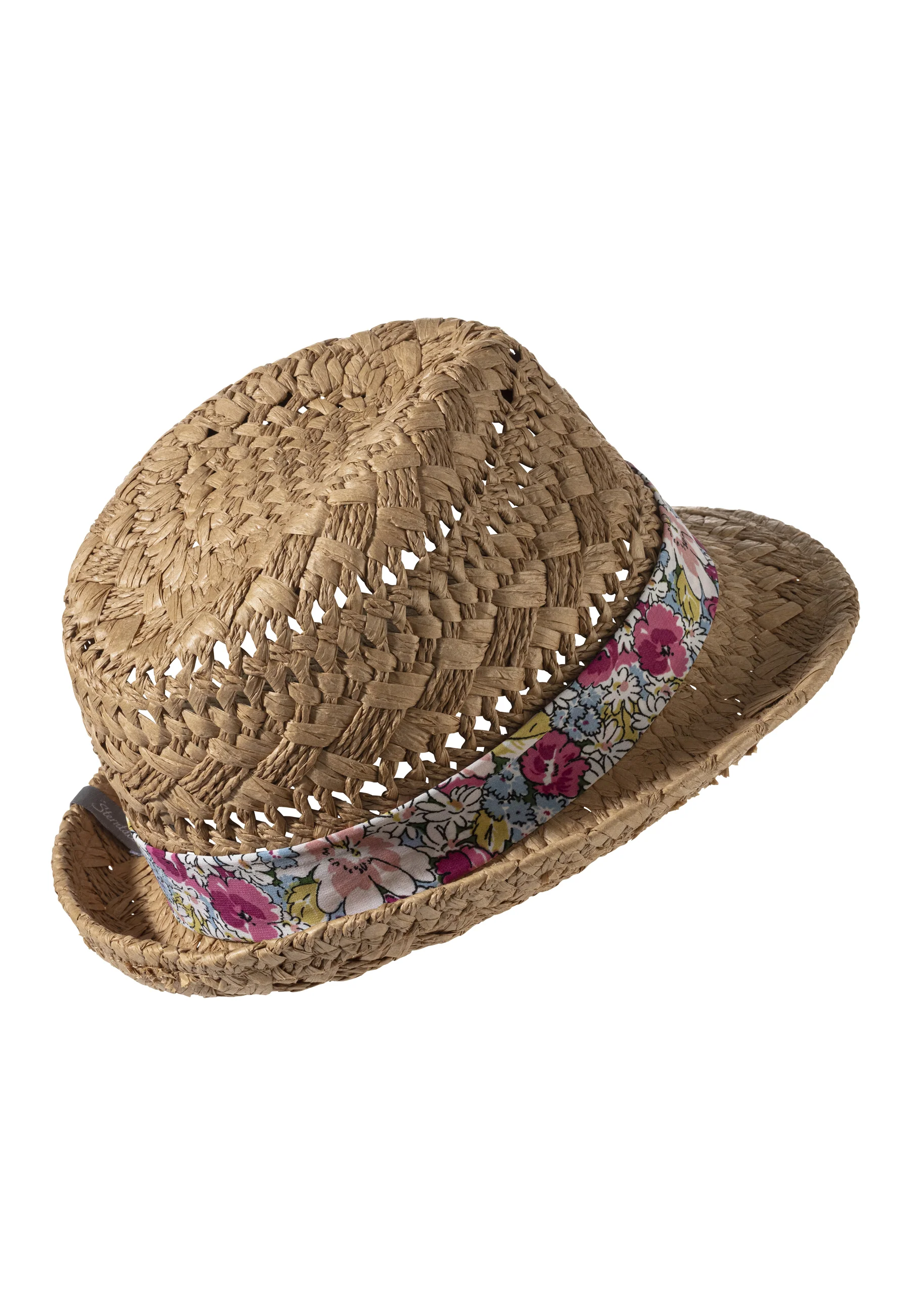 Strohhut verziert mit farbigem Blumenband