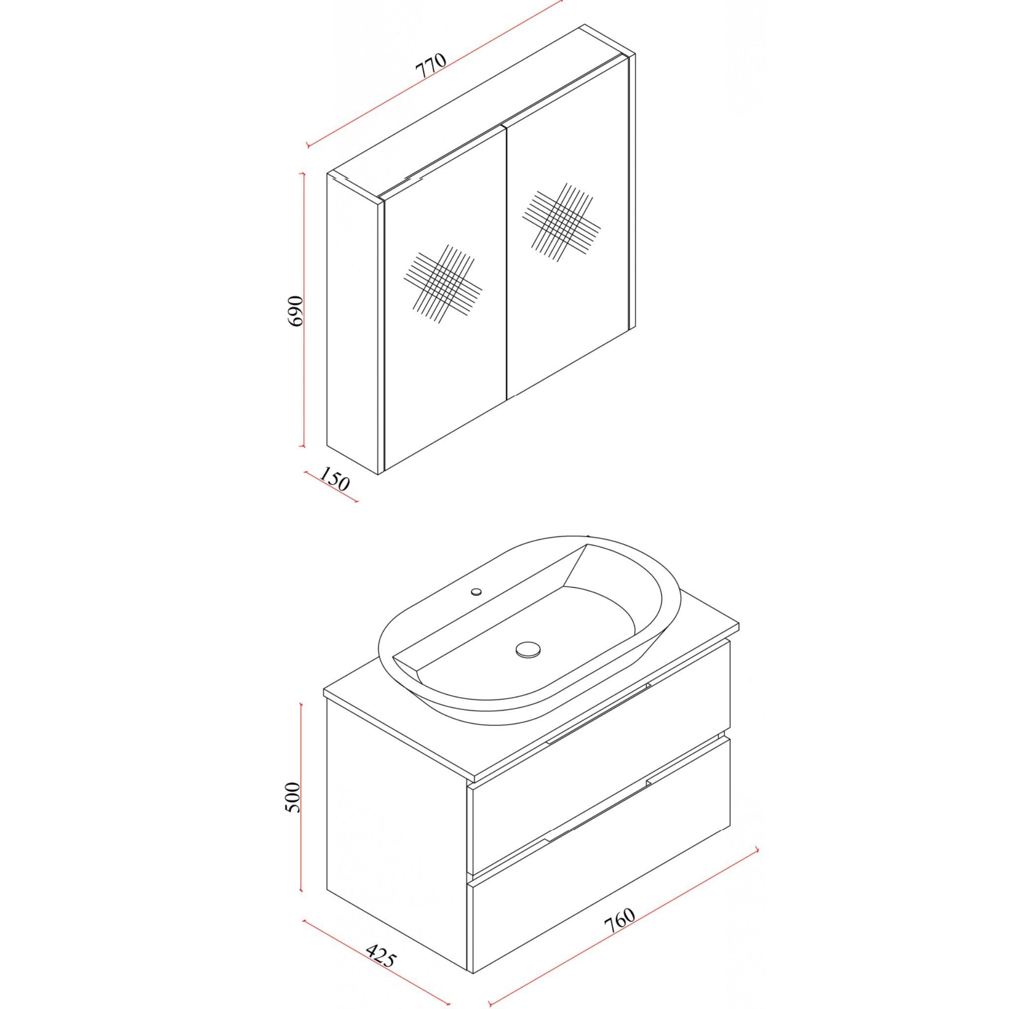 Karen Badmöbel-Set Vega mit Konsole, (Komplett-Set, Standartmäßig 4-Teilig (Unterschrank, Konsole, Spiegelschrank, Waschbecken), Optionaler Hochschrank, Unterschrank mit Schubladen, Spiegelschrank mit Türen & Regalen), Edles Design, Matt-Beschichtung