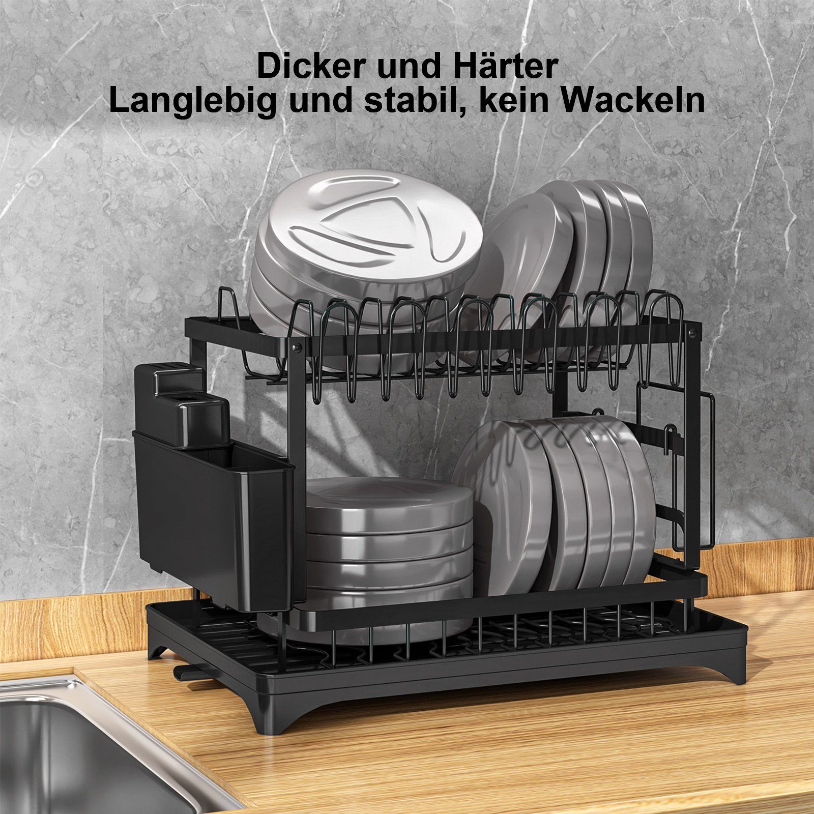 Aoucheni Geschirrständer Abtropfgestell Geschirr, 2-stufiges Geschirrabtropfgestell Edelstahl, Zubehör für für Geschirr/Messer/Becher/Schneidebrett, Geschirr-Trockengestell für Küchentheke