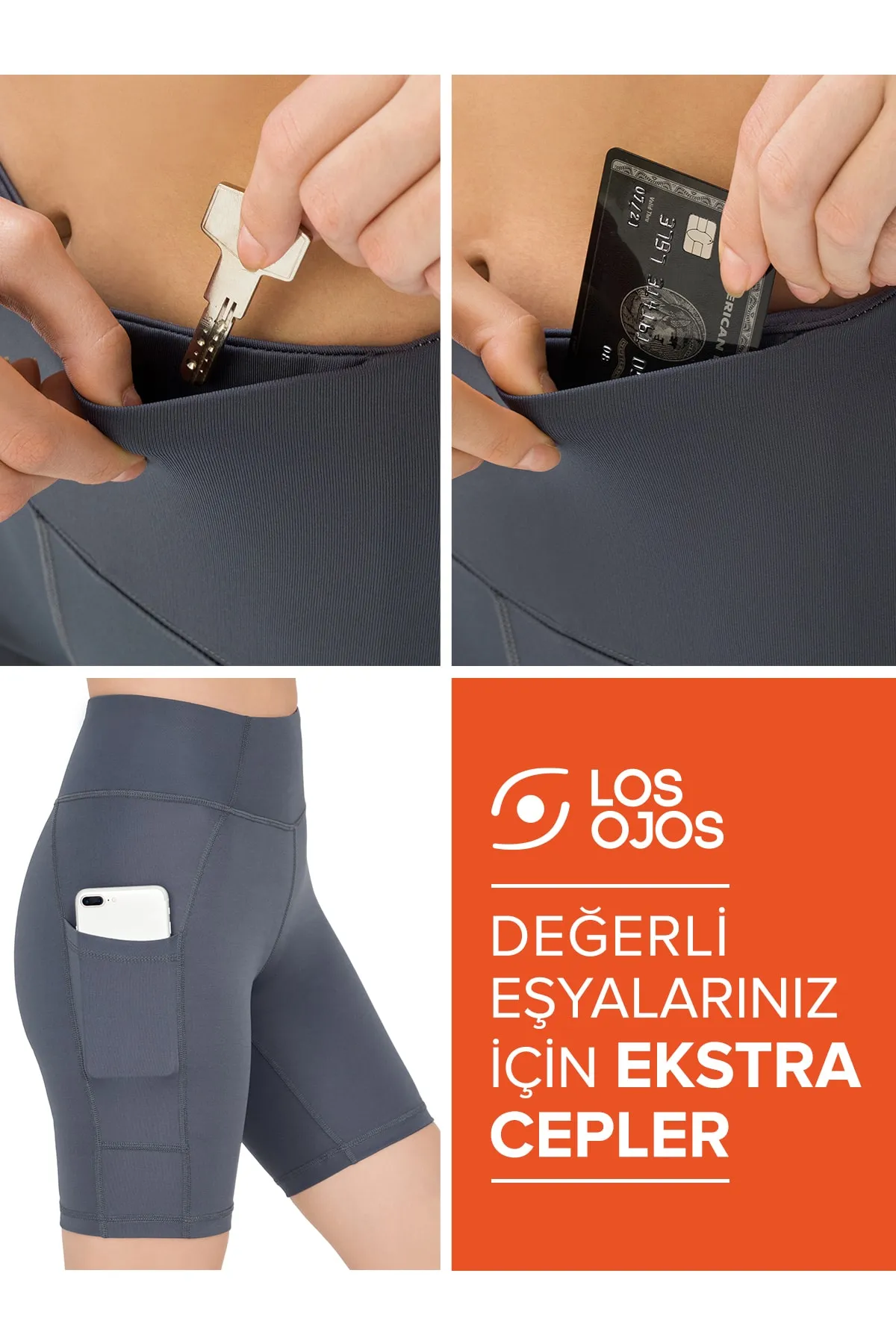 LOS OJOS  Anthrazitfarbene, glättende Biker-Shorts mit doppelter Tasche und hoher Taille, kurze Sport-Tights