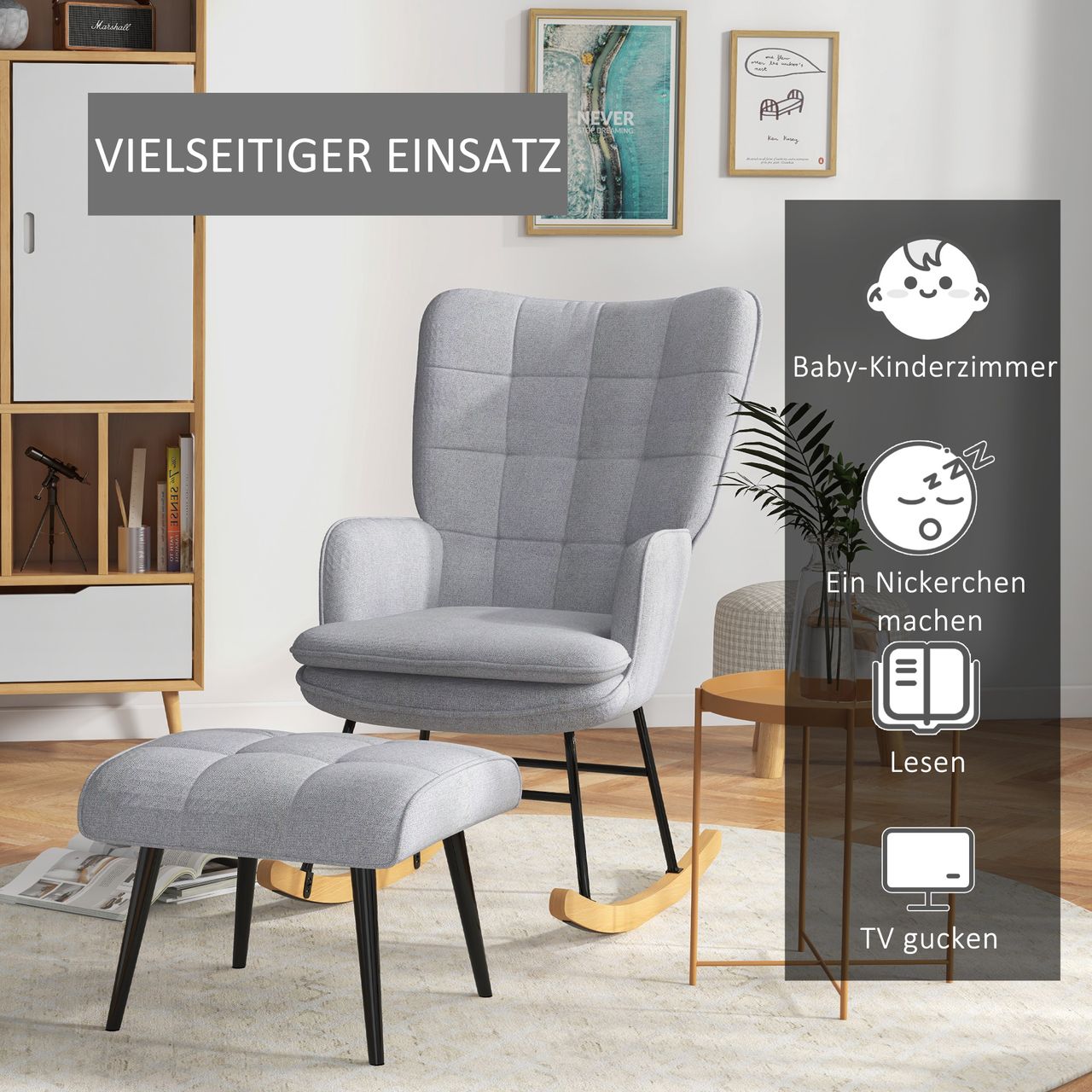 HOMCOM Schaukelstuhl Schwingsessel mit Hocker Relaxsessel mit Leinenoptik