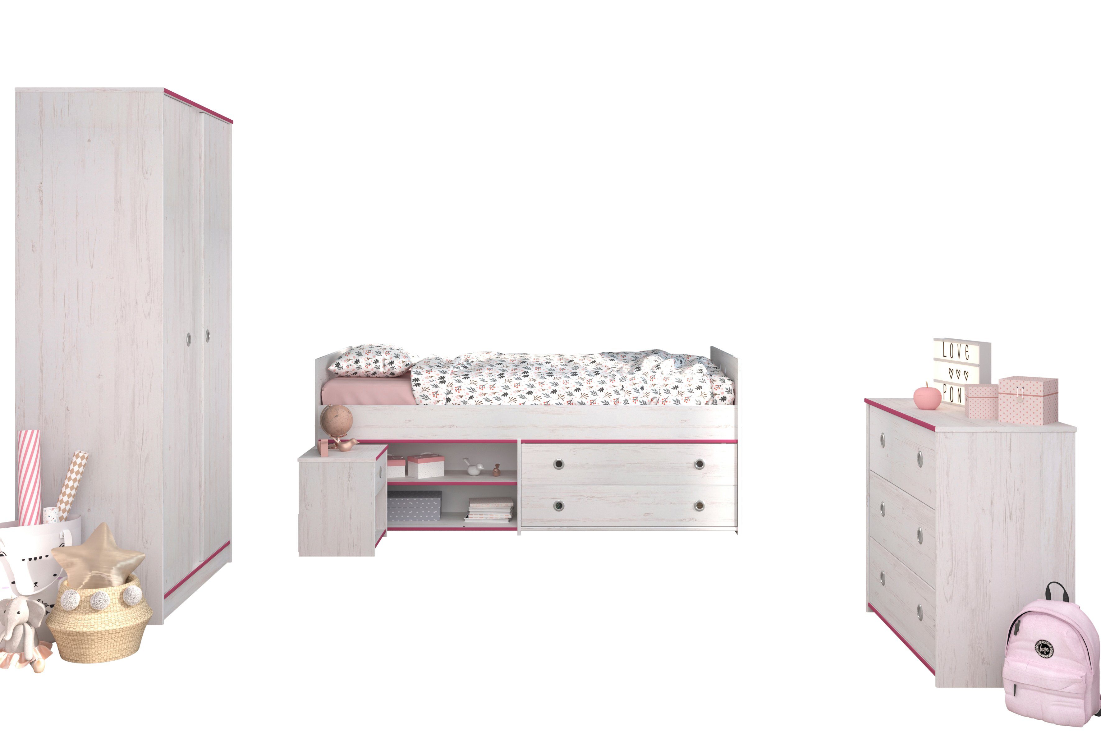 Parisot Jugendzimmer-Set Smoozy, (Komplett Set, 4-St., in verschiedenen Zusammenstellungen wählbar), Kanten in Blau ODER Pink, bei Aufbau frei wählbar!