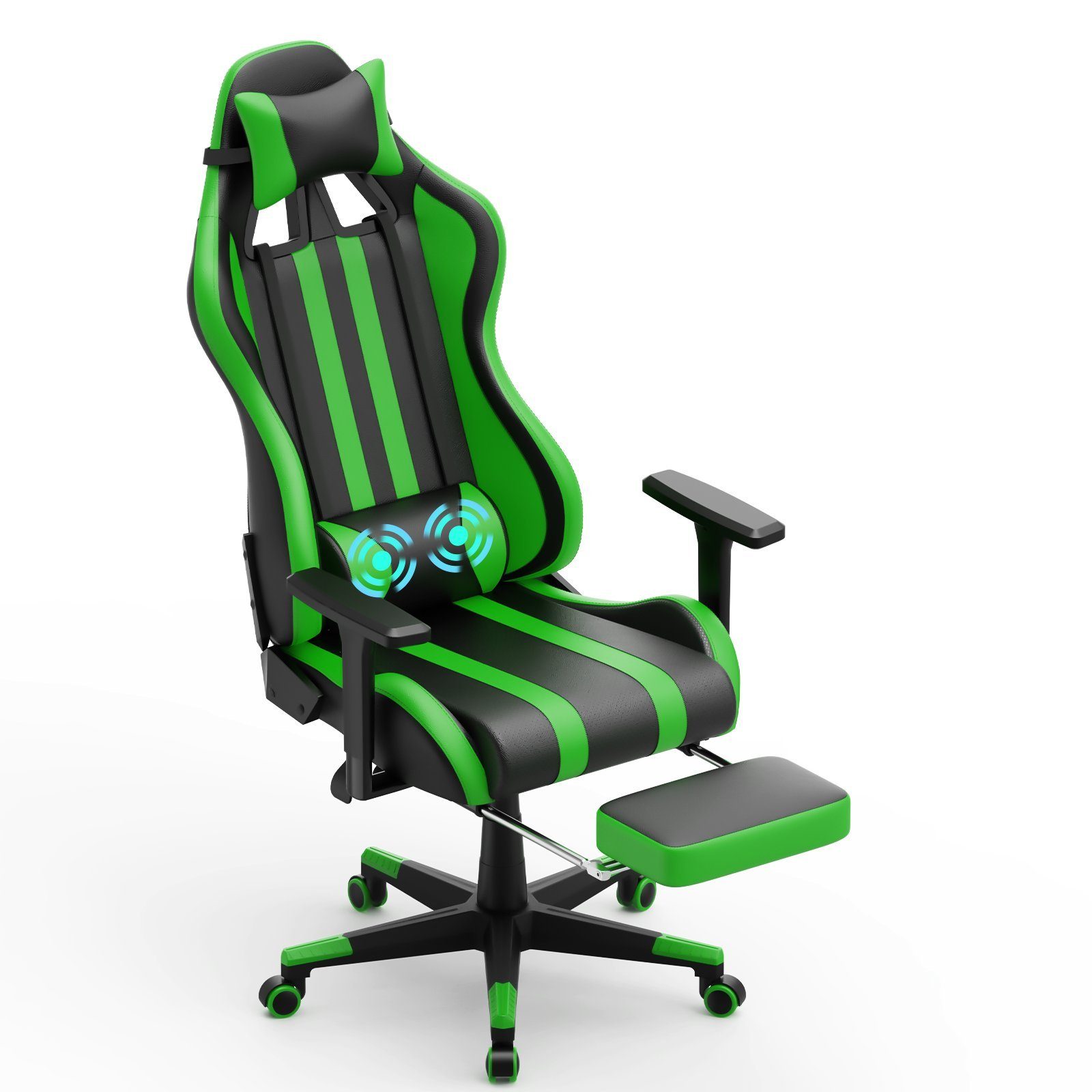 AUFUN Gaming-Stuhl Authmic Biirostuhl Ergonomischer Schreibtischstuhl, Max. 150 kg (Massage Gaming Sessel für Livestreaming Xbox (Grau/Blau/Grün/Rot/Schwarz), mit Vibration Massage Lendenkissen, Fußstütze, Kopfstütze, Ergonomisch