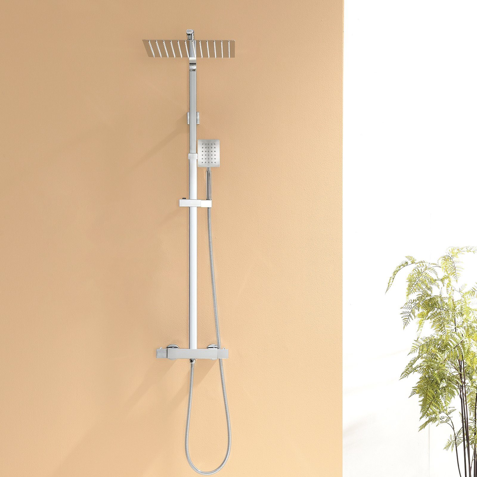 Auralum Duschsystem mit Thermostat Duscharmatur Regendusche Duschset Duschsäule Dusche, mit Quadrat Regenbrause 30 x 30 cm