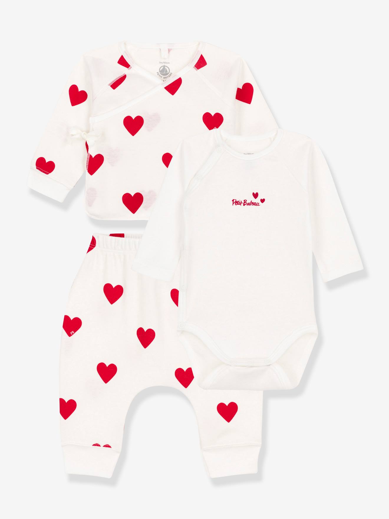 Ensemble 3 pièces coeurs bébé en coton PETIT BATEAU blanc