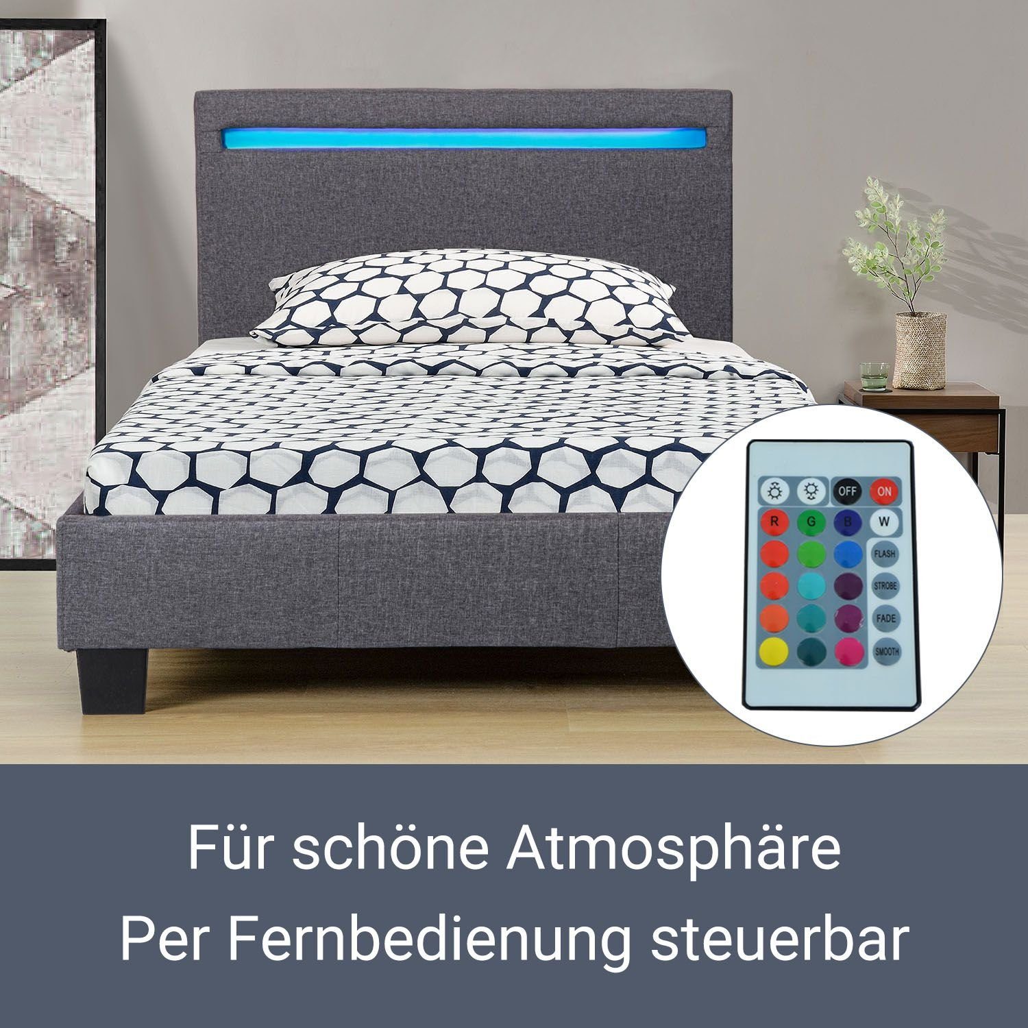 Juskys Polsterbett Verona, 90x200 cm, LED-Licht, weiches Kopfteil, inkl. Kaltschaummatratze