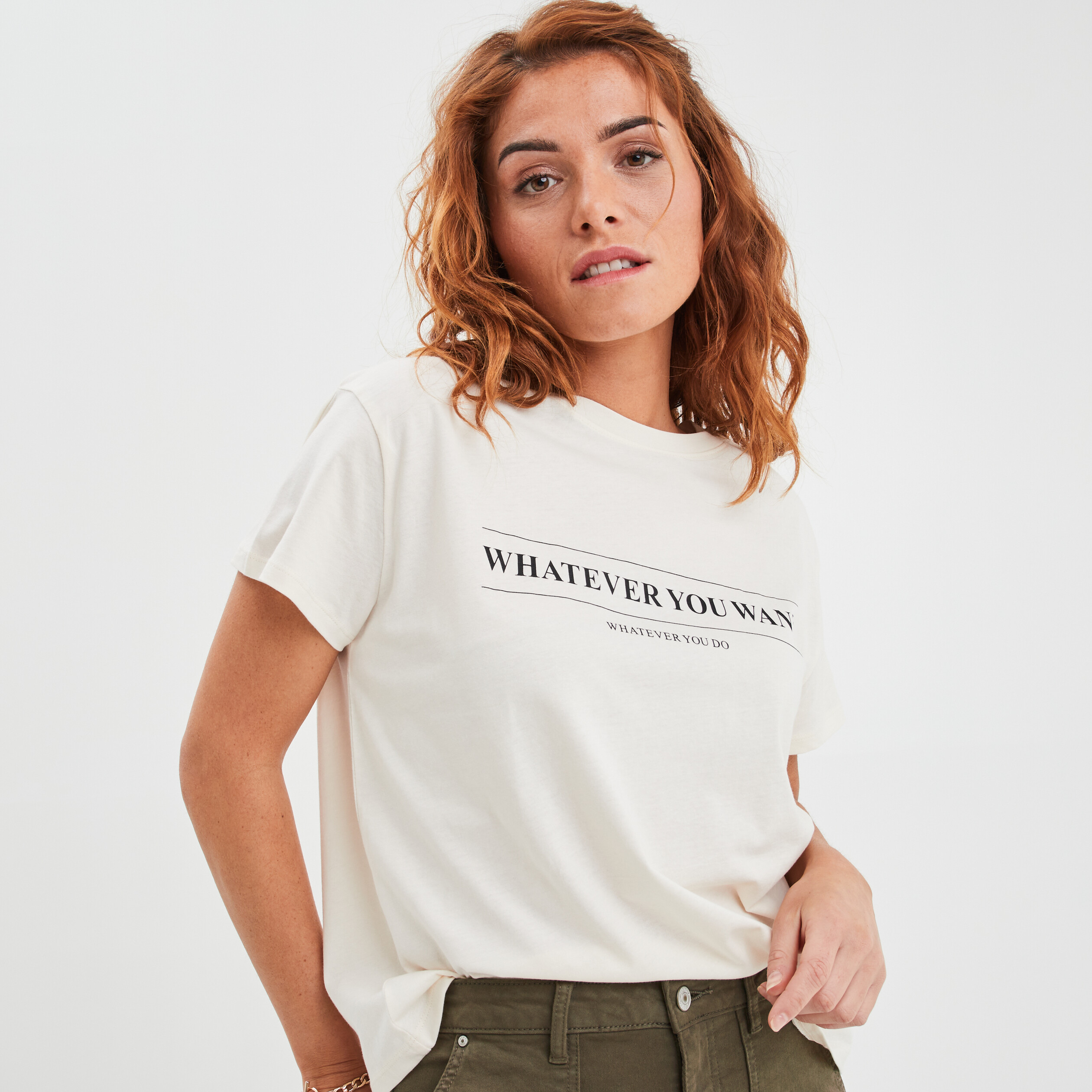 T-shirt col rond manches courtes coton creme femme | La Halle