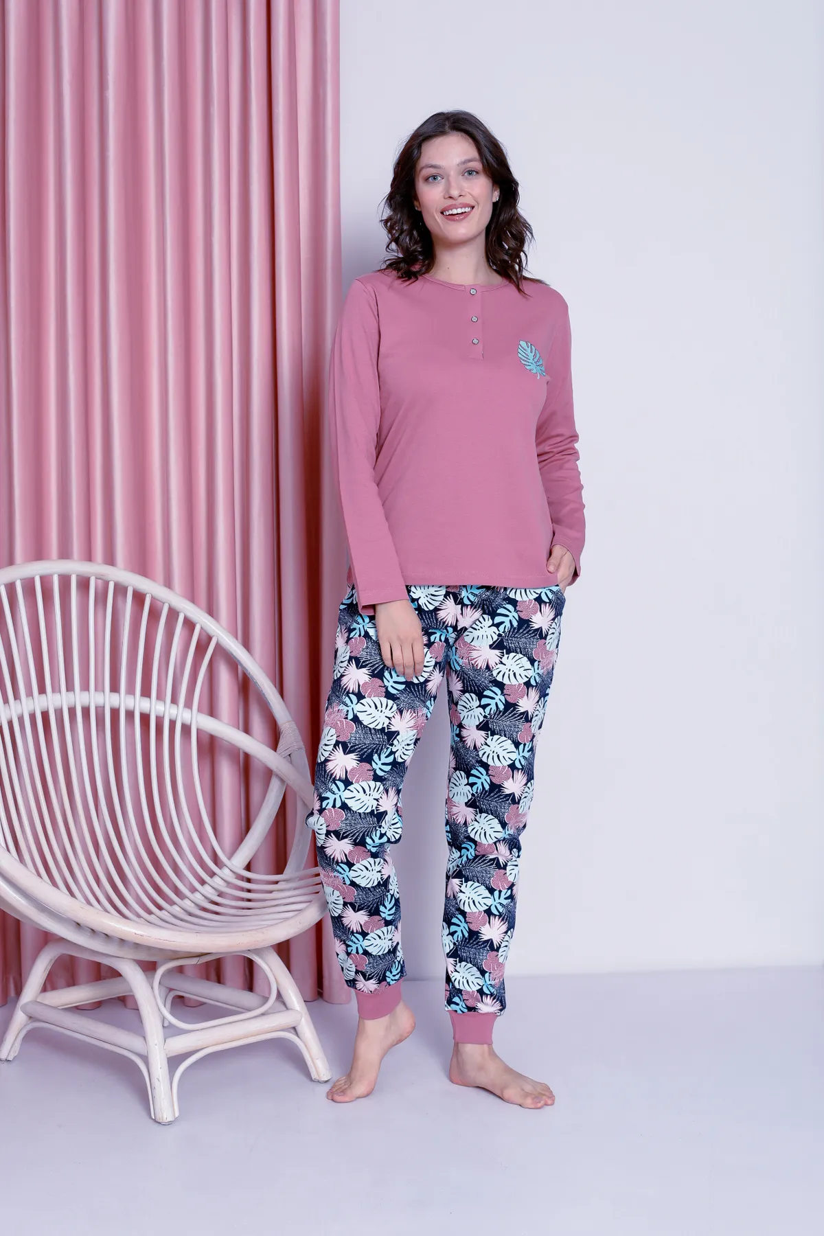 AHENGİM  Pyjama-Set für Damen, junges Blattmuster, gerippte Baumwolle mit Beinen, saisonal, W20482255