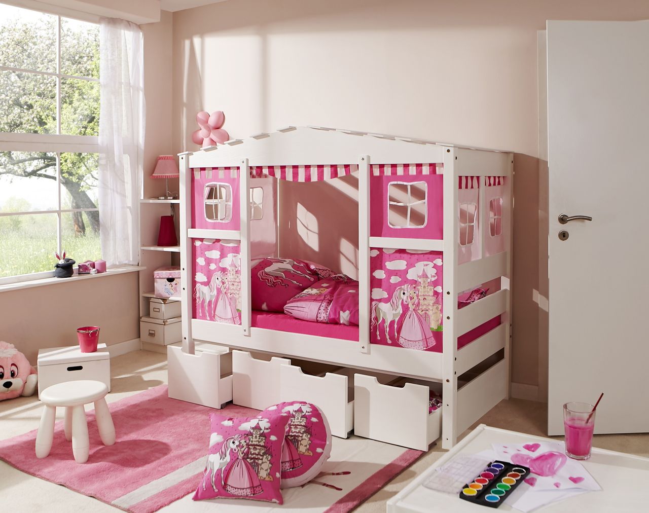 Ticaa Hausbett MINI Prinzessin Rosa 80x160 cm Var 1 - mit Zusatzbett - inkl. 2 Matratzen