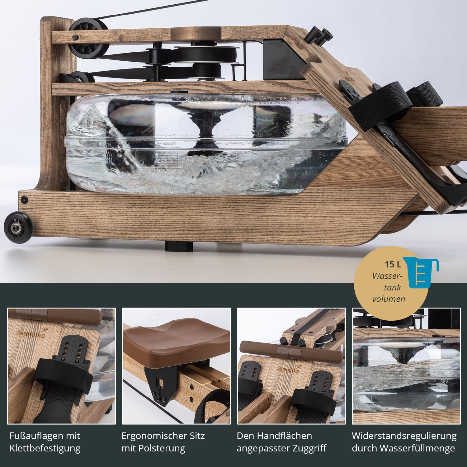 Skandika Rudergerät SKANDIKA Styrke (karamellbraun/braun), Rudergerät Wasser aus Holz, Wasserrudergerät für Zuhause, Esche