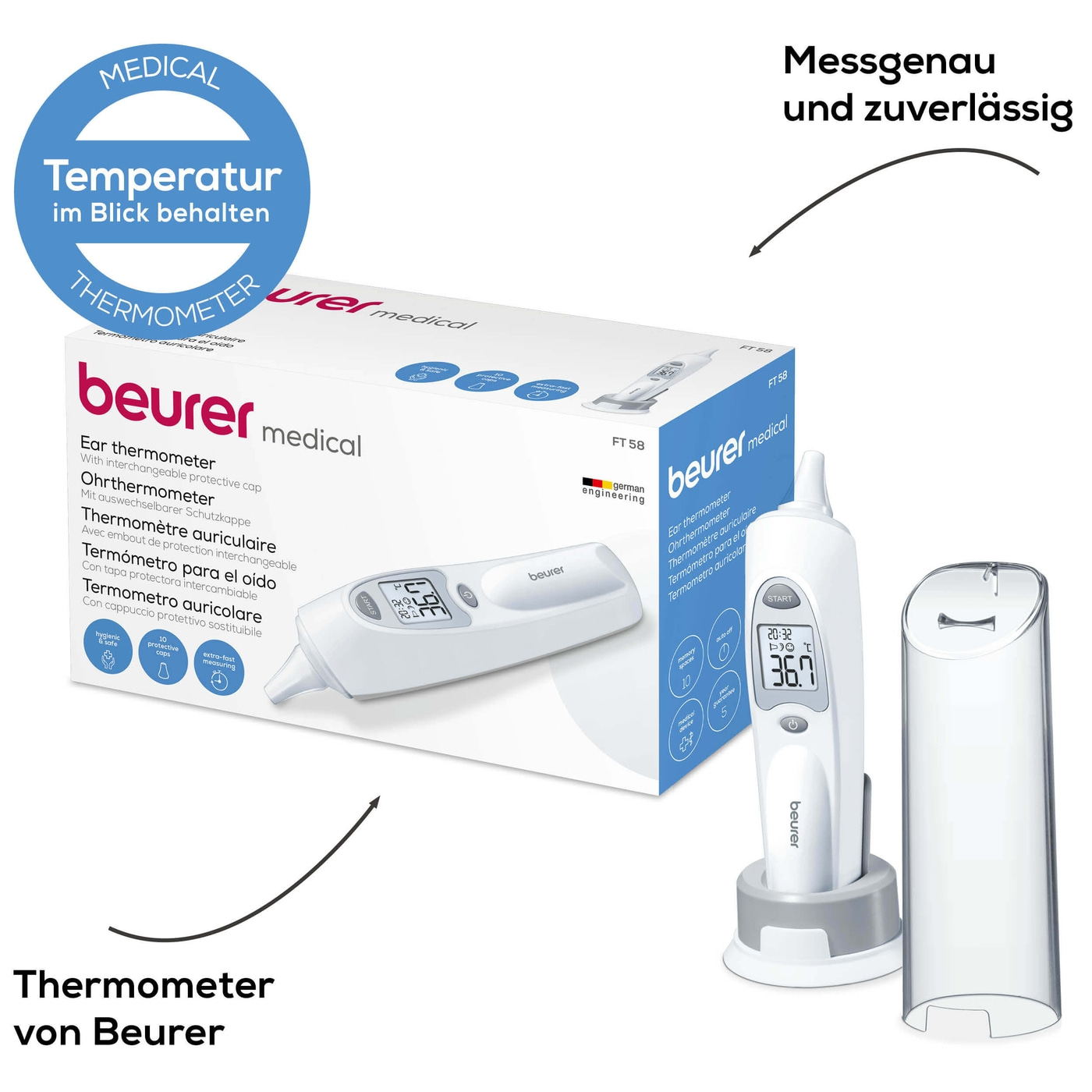 Beurer Ohrthermometer - FT 58-Ohrthermometer mit Infrarot-Messtechnik für hygienisches Messen