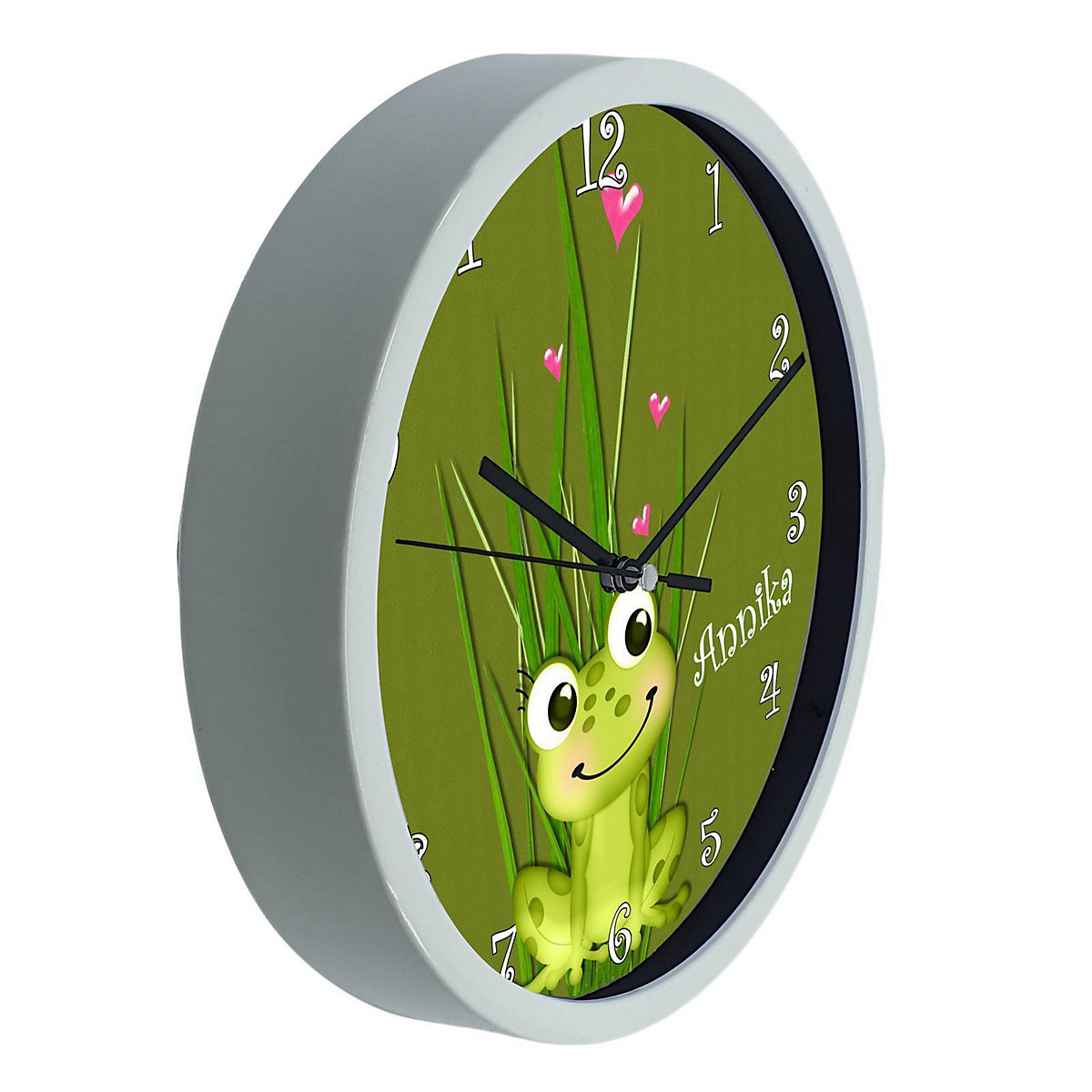 Kinder Wanduhr laufruhig personalisiert mit Name Frosch-Graß