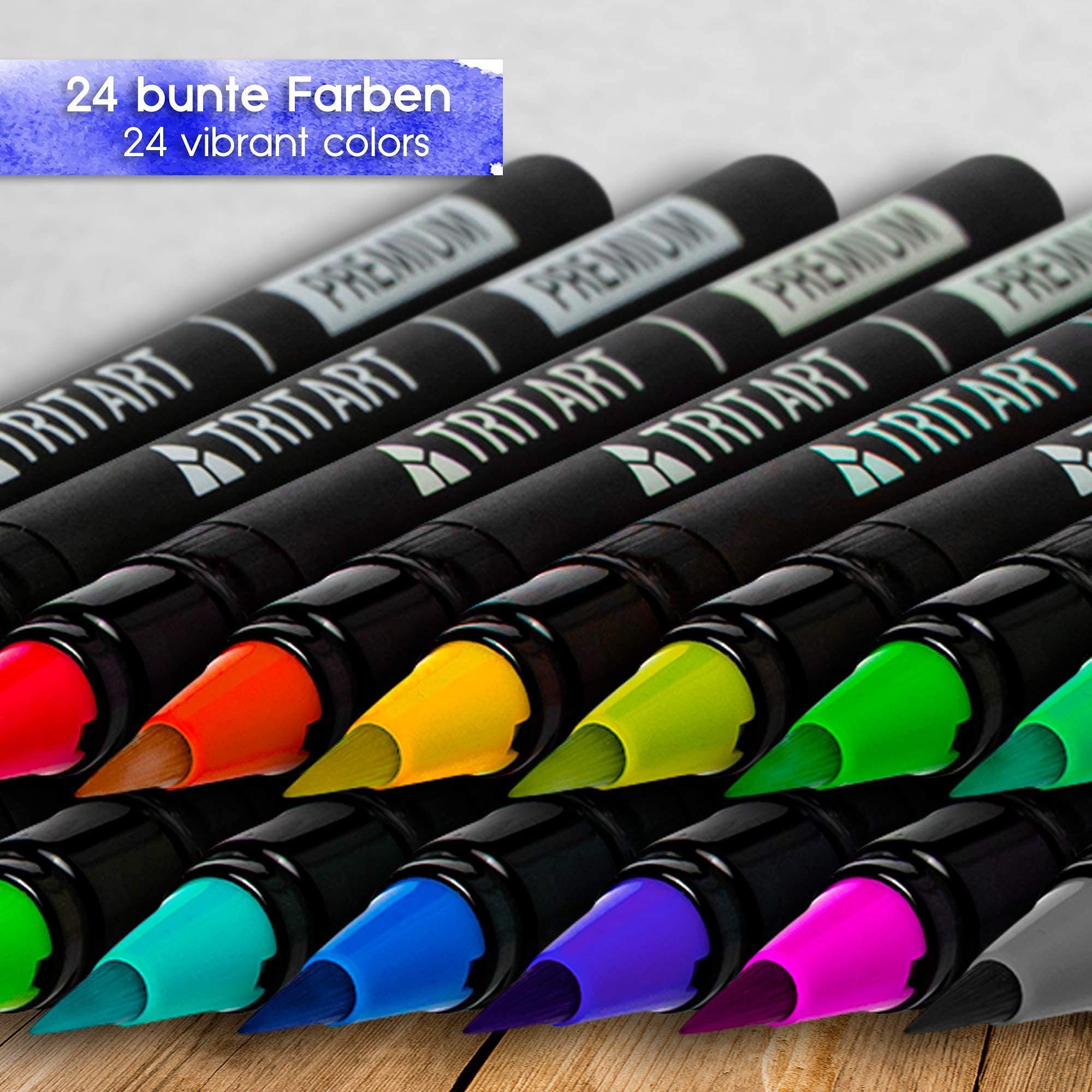 Tritart Pinselstift Pinselstift-Set - 24 Stifte, 2 Wasserpinsel, 15 Aquarellblätter, Brush Pens Set - 24 Pens, 2 Water Brushes, 15 Sheets
