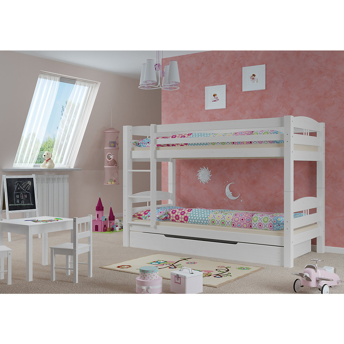 Stockbett 90x200 Kiefer weiß Rollroste, Matratzen, Gästebettkasten