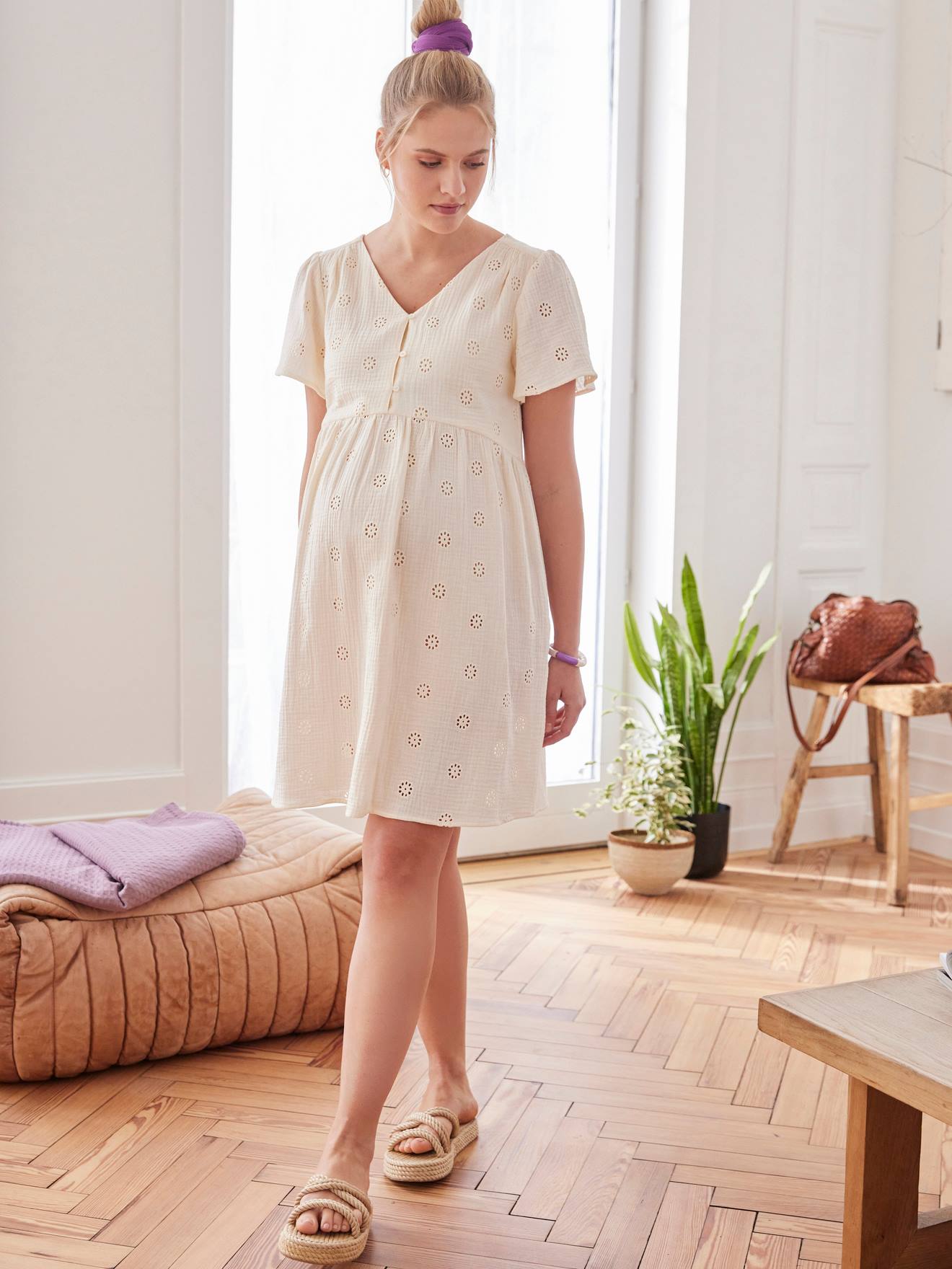 Robe gaze de coton brodé grossesse et allaitement terracotta