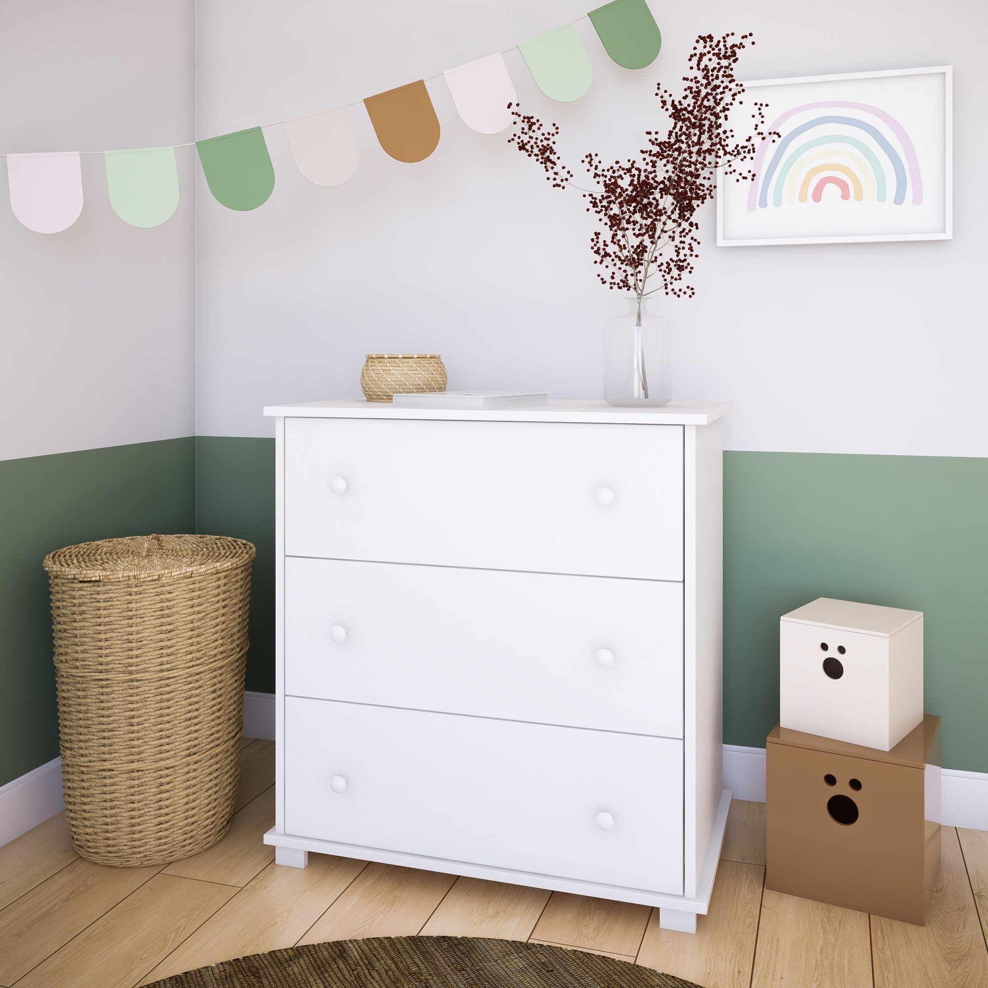 Kids Collective Wickelkommode Wickeltisch Kommode mit abnehmbarem Wickelaufsatz, mit 3 Schubladen in weiss Made in Europe