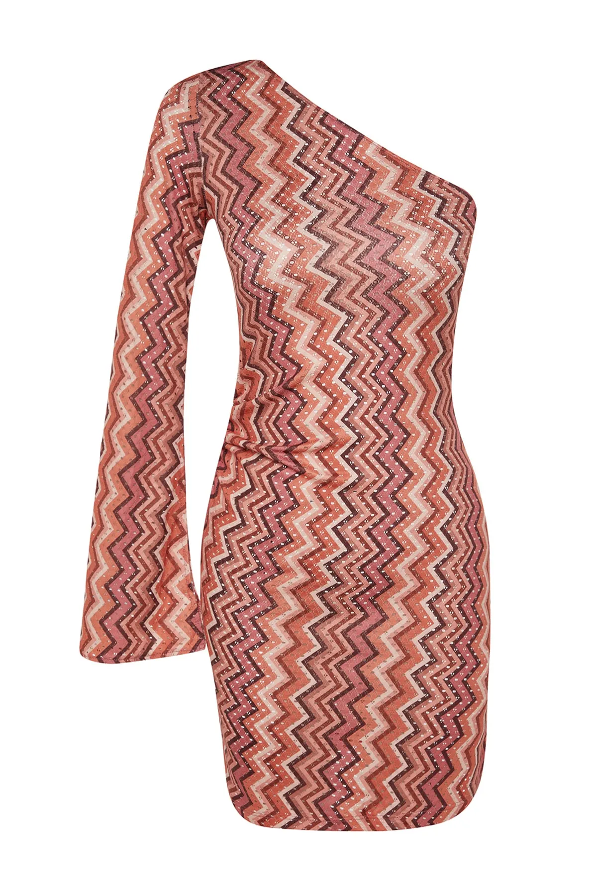 Trendyol Collection  Geometrisch gemustertes, tailliertes, gestricktes Mini-Strandkleid mit einer Schulter TBESS23EL00206